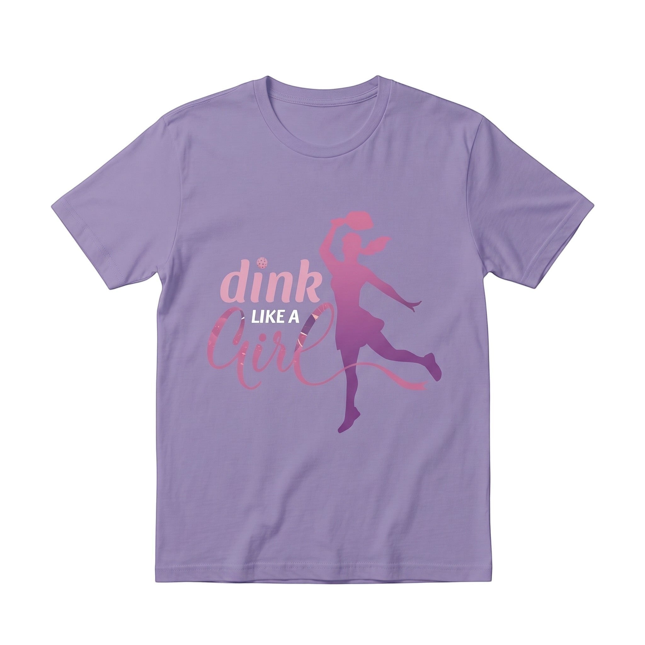 TrendyShift.Com purple unisex cotton t-shirt featuring a pink pickleball player graphic and Dink Like a Girl text.