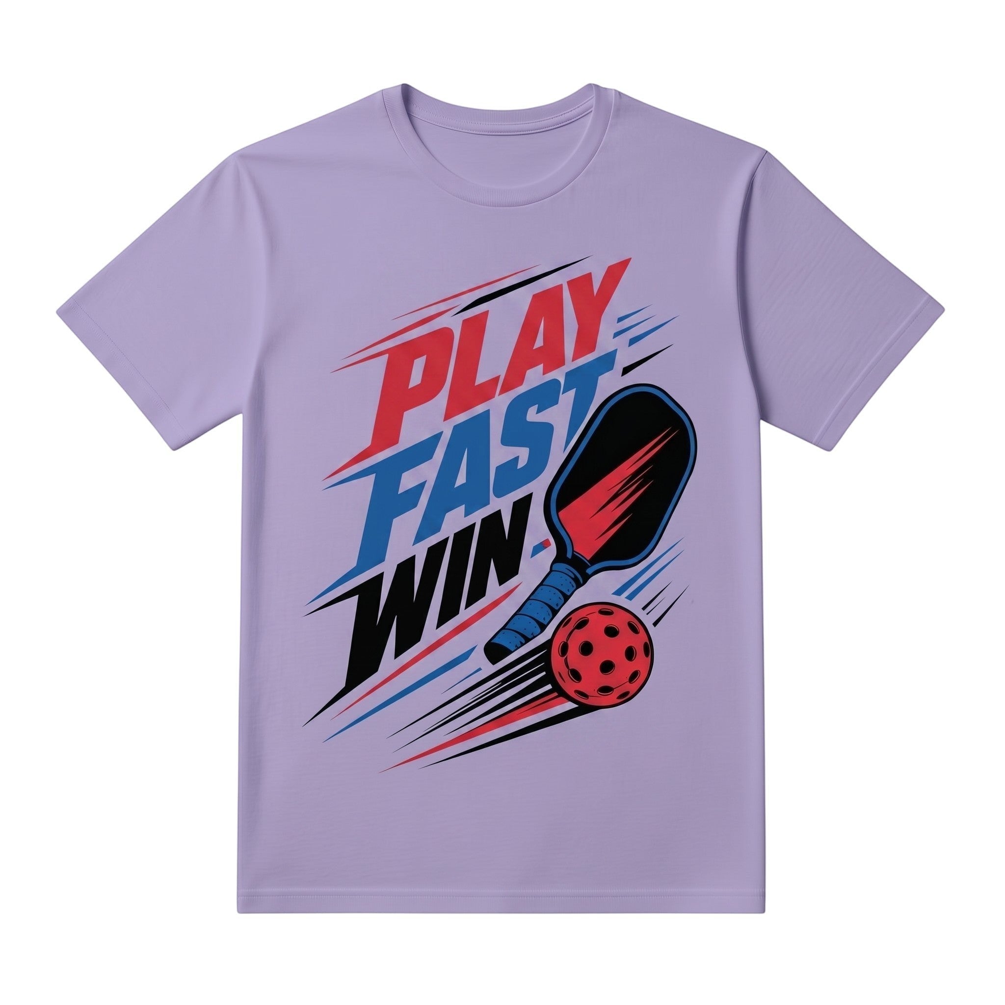 TrendyShift.Com light purple unisex cotton t-shirt featuring a Play Fast Win pickleball graphic with a paddle and ball.