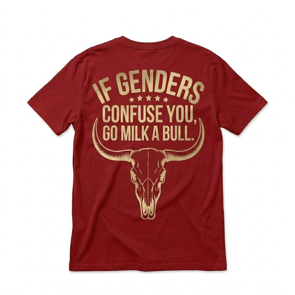 TrendyShift.Com red t-shirt with gold bull skull graphic and sarcastic text on the back