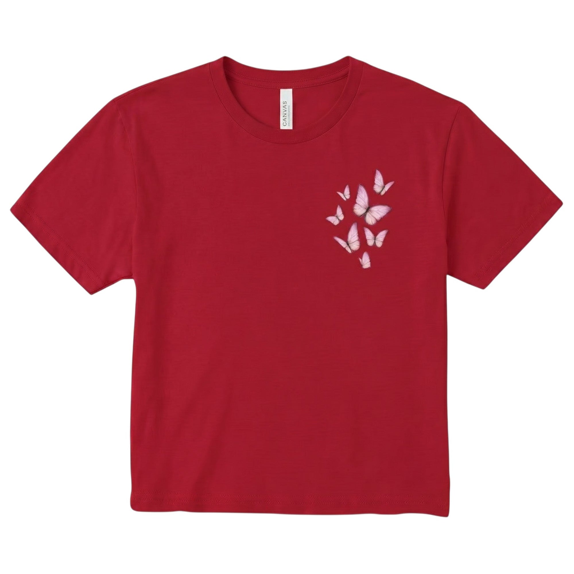 TrendyShift.Com red cropped crewneck t-shirt with a delicate pink butterfly graphic on the chest