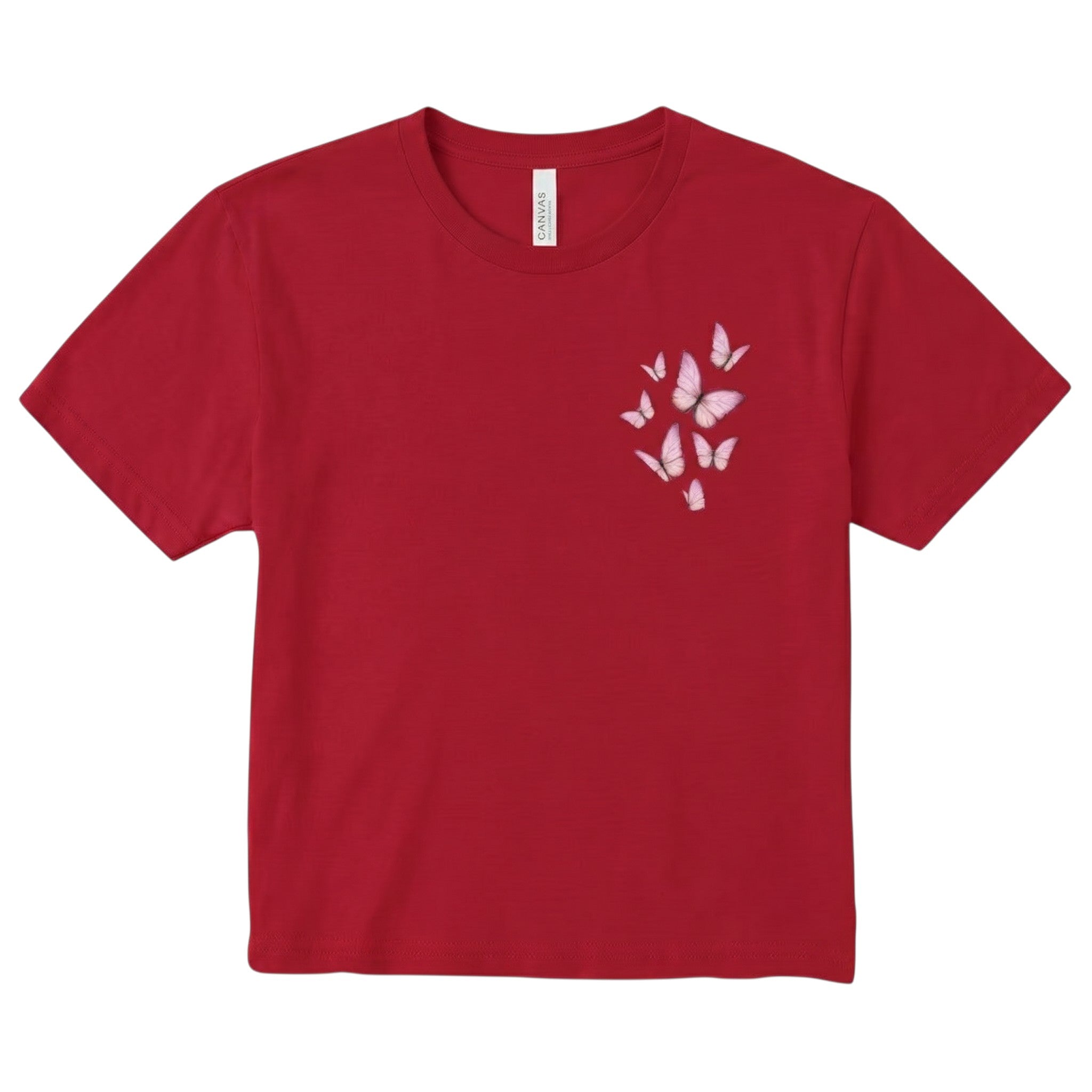 TrendyShift.Com red cropped crewneck t-shirt with a delicate pink butterfly graphic on the chest