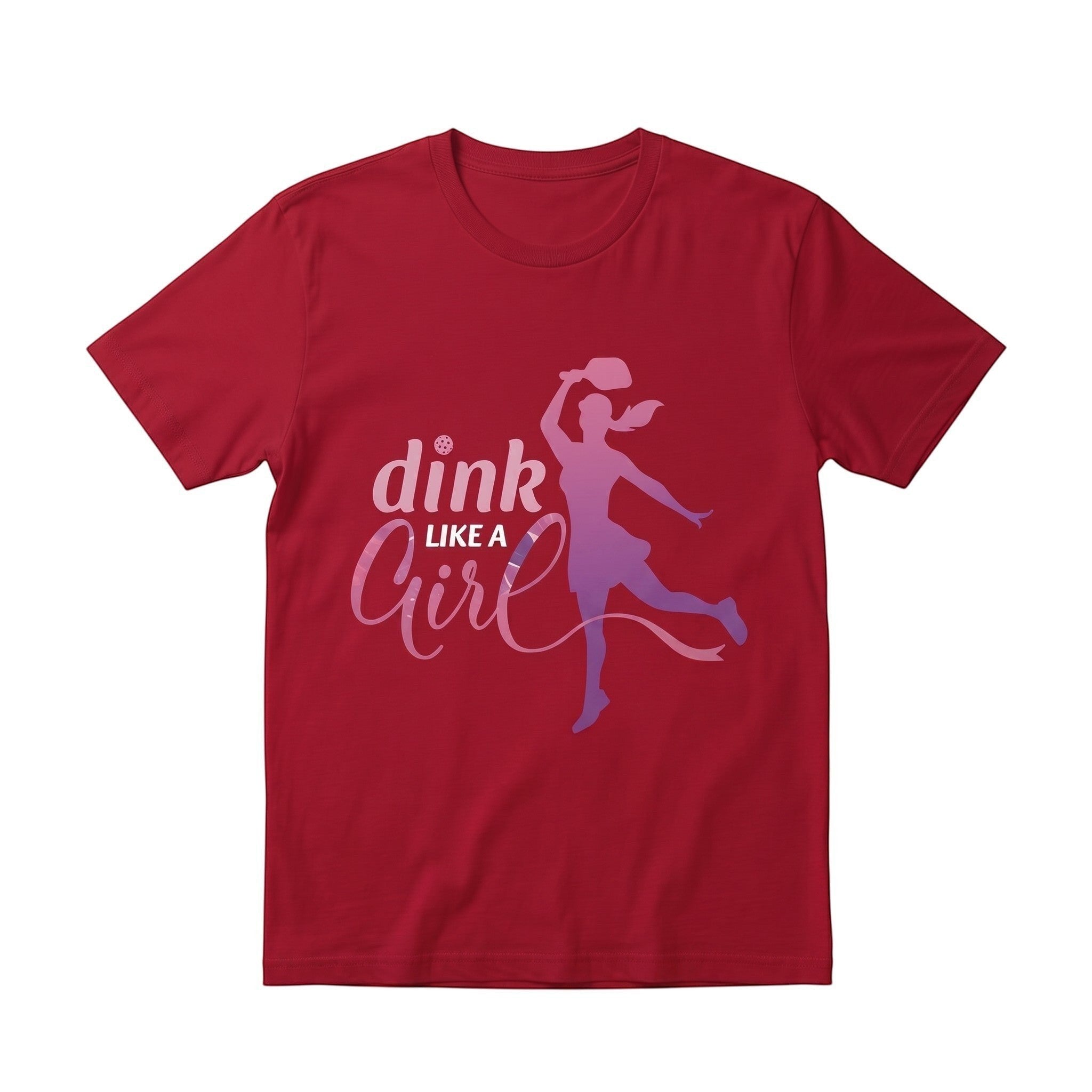 TrendyShift.Com red unisex cotton t-shirt featuring a Dink Like a Girl pickleball graphic with a female player silhouette.