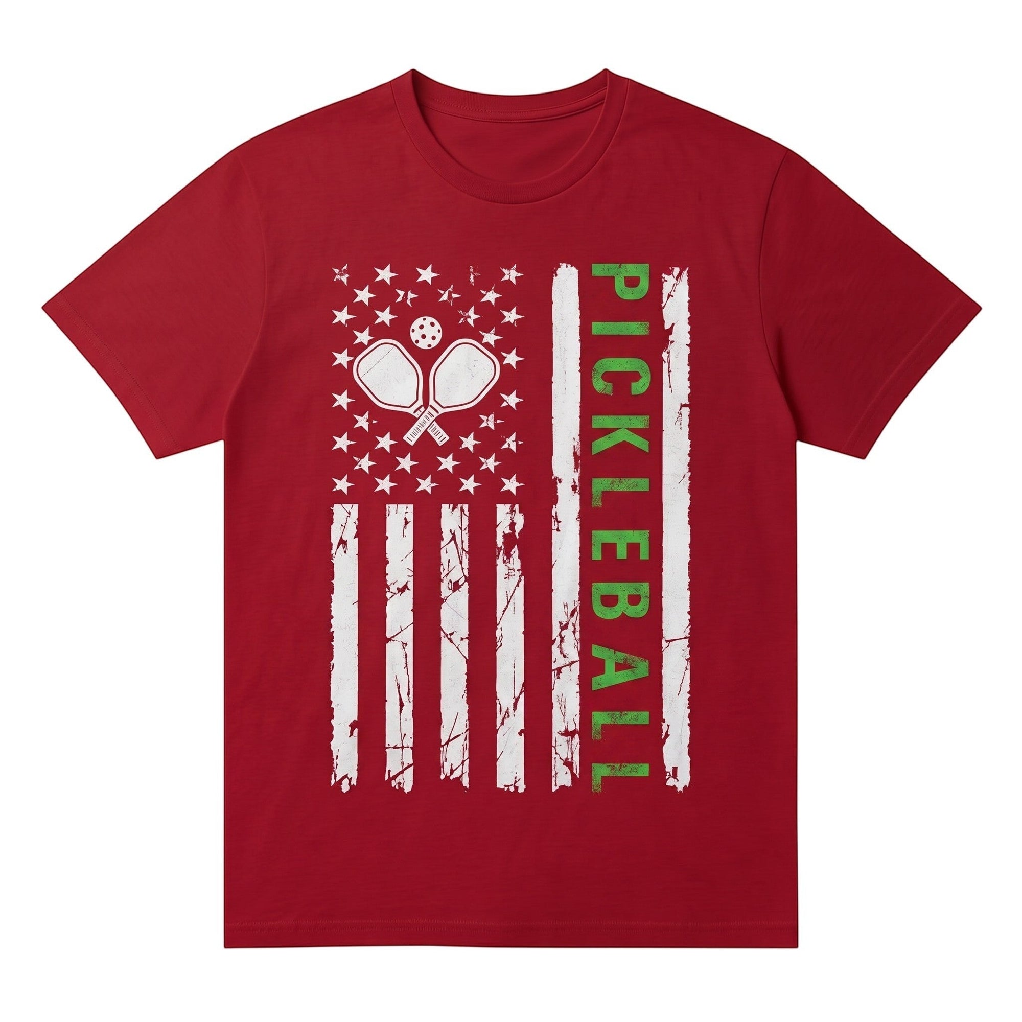 TrendyShift.Com red unisex pickleball graphic t-shirt with distressed American flag and paddle design