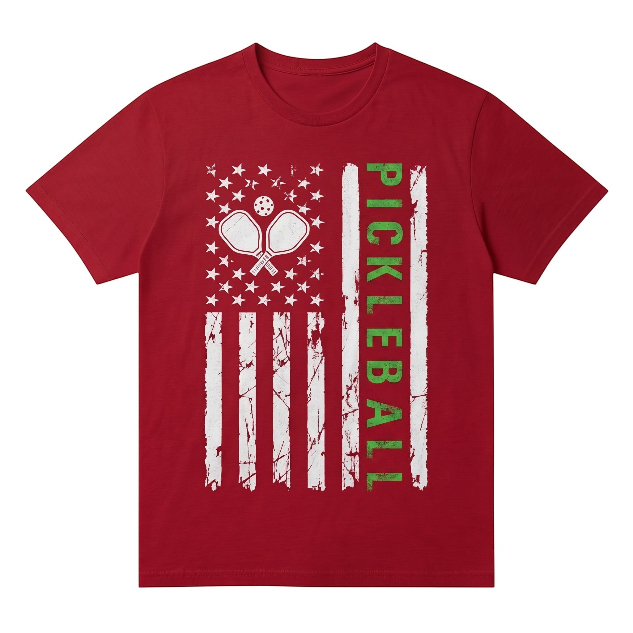 TrendyShift.Com red unisex pickleball graphic t-shirt with distressed American flag and paddle design