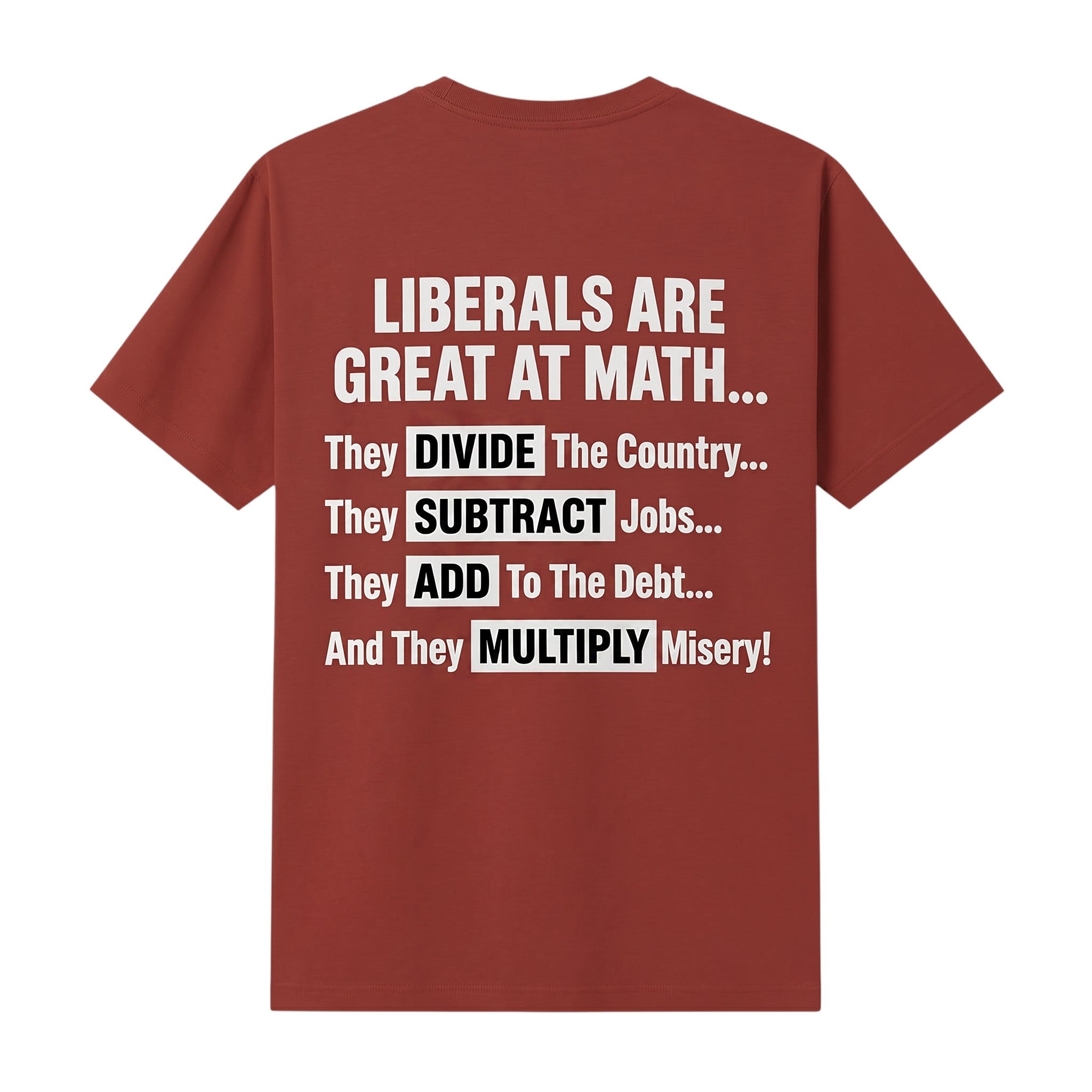 TrendyShift.Com red t-shirt featuring white text with political math-themed satire on the back
