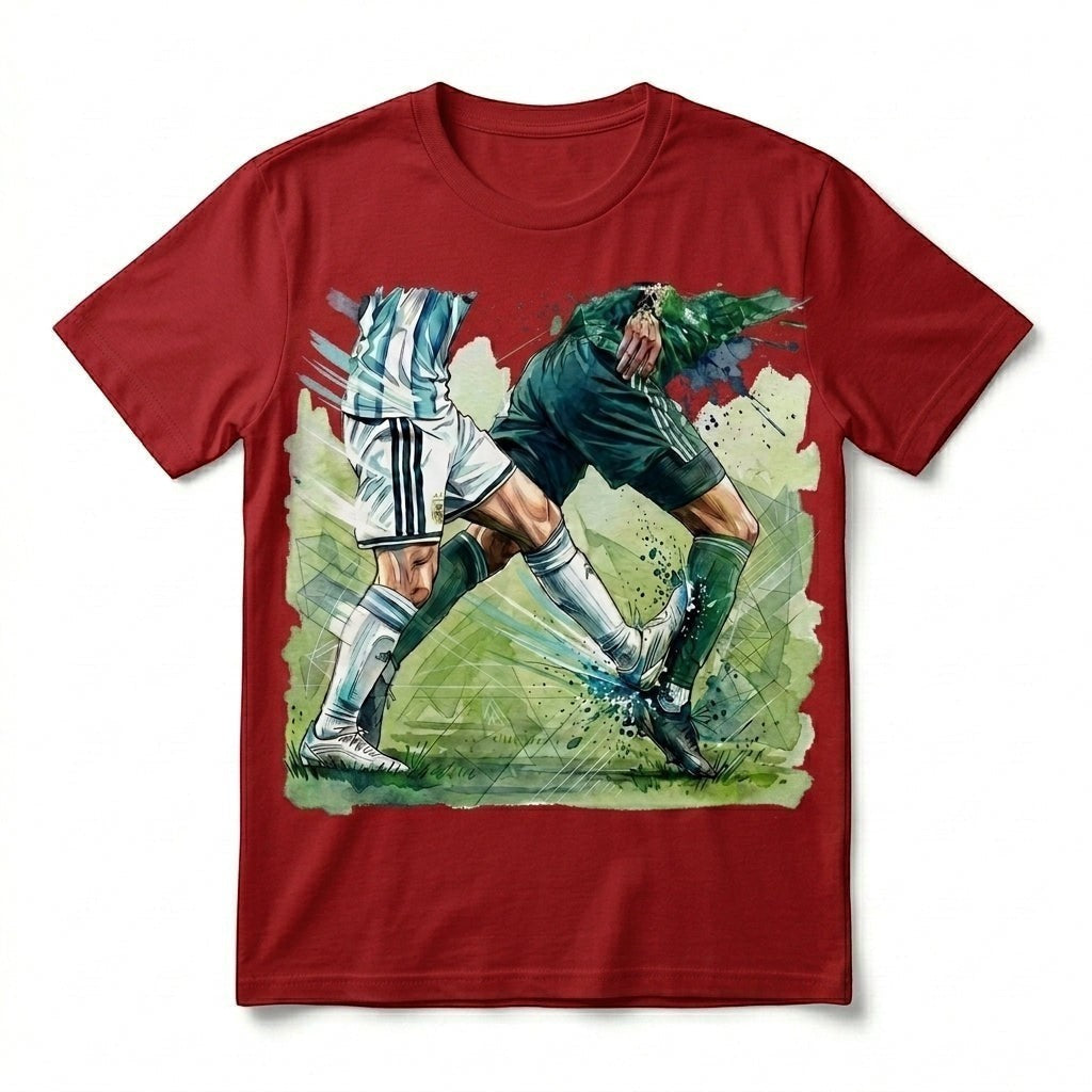 TrendyShift.Com red cotton t-shirt featuring a dynamic watercolor graphic of two soccer players in a match duel.