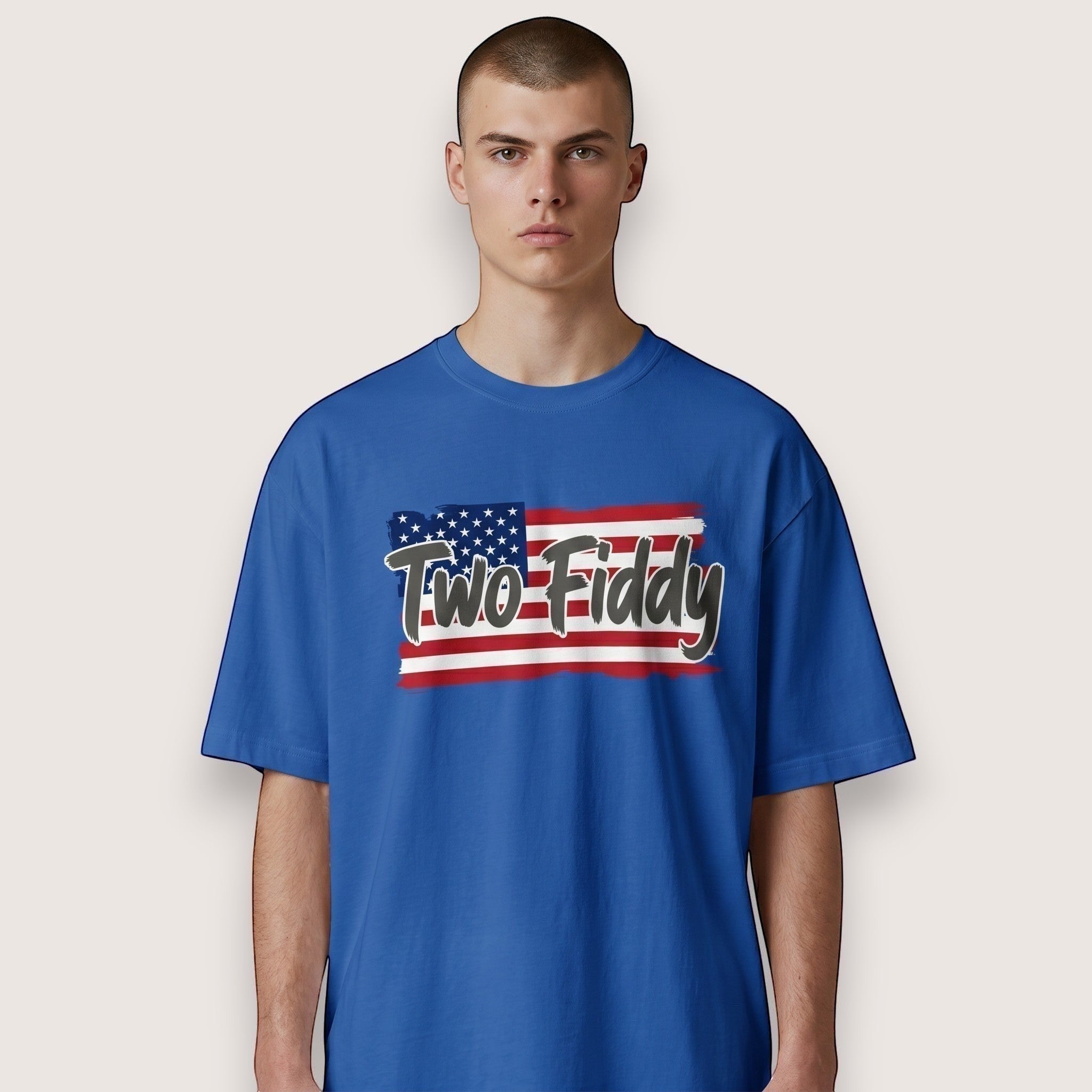 TrendyShift.Com royal blue unisex cotton t-shirt with distressed American flag graphic and Two Fiddy brushstroke text