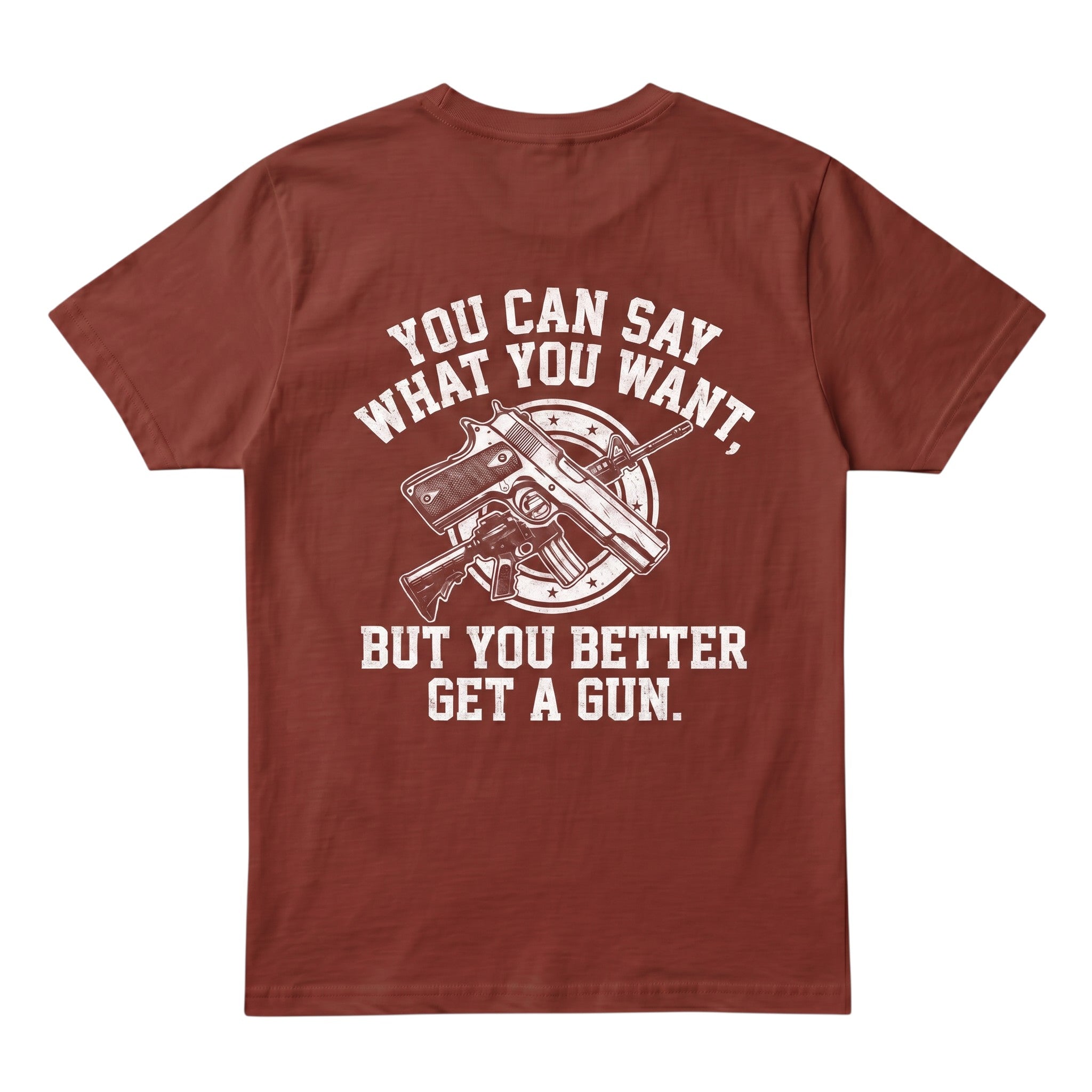 TrendyShift.Com rust-colored cotton t-shirt featuring a white graphic print of firearms and bold text on the back.