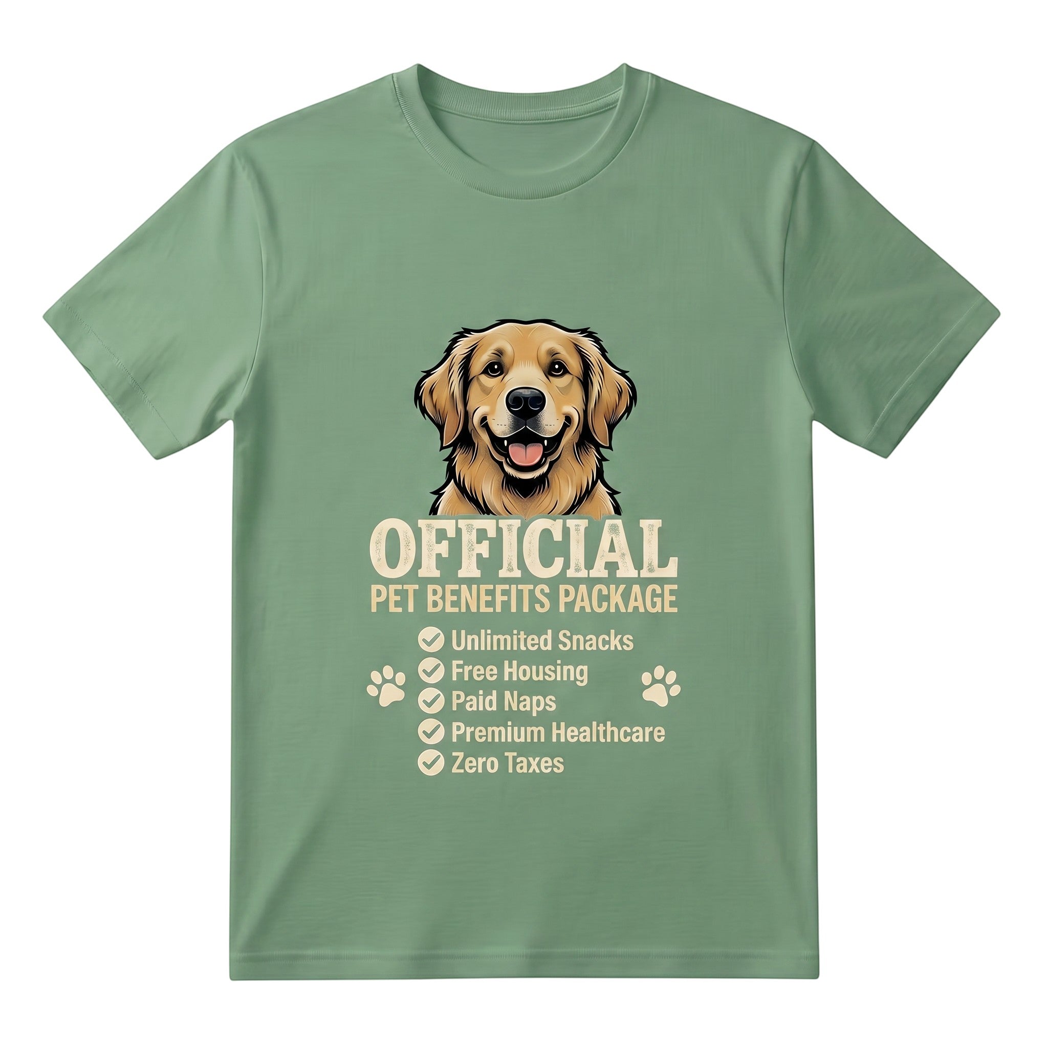 TrendyShift.Com sage green cotton t-shirt featuring a golden retriever and Official Pet Benefits Package graphic.