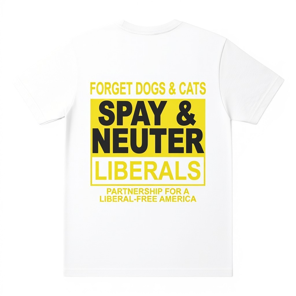 TrendyShift.Com white t-shirt featuring bold yellow and black satirical political text on the back.
