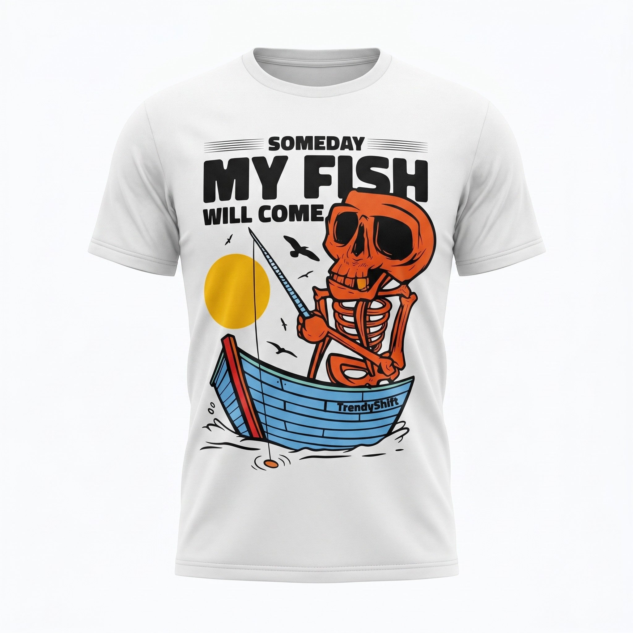 TrendyShift.Com white cotton unisex t-shirt featuring a graphic of a skeleton fishing in a boat at sunset