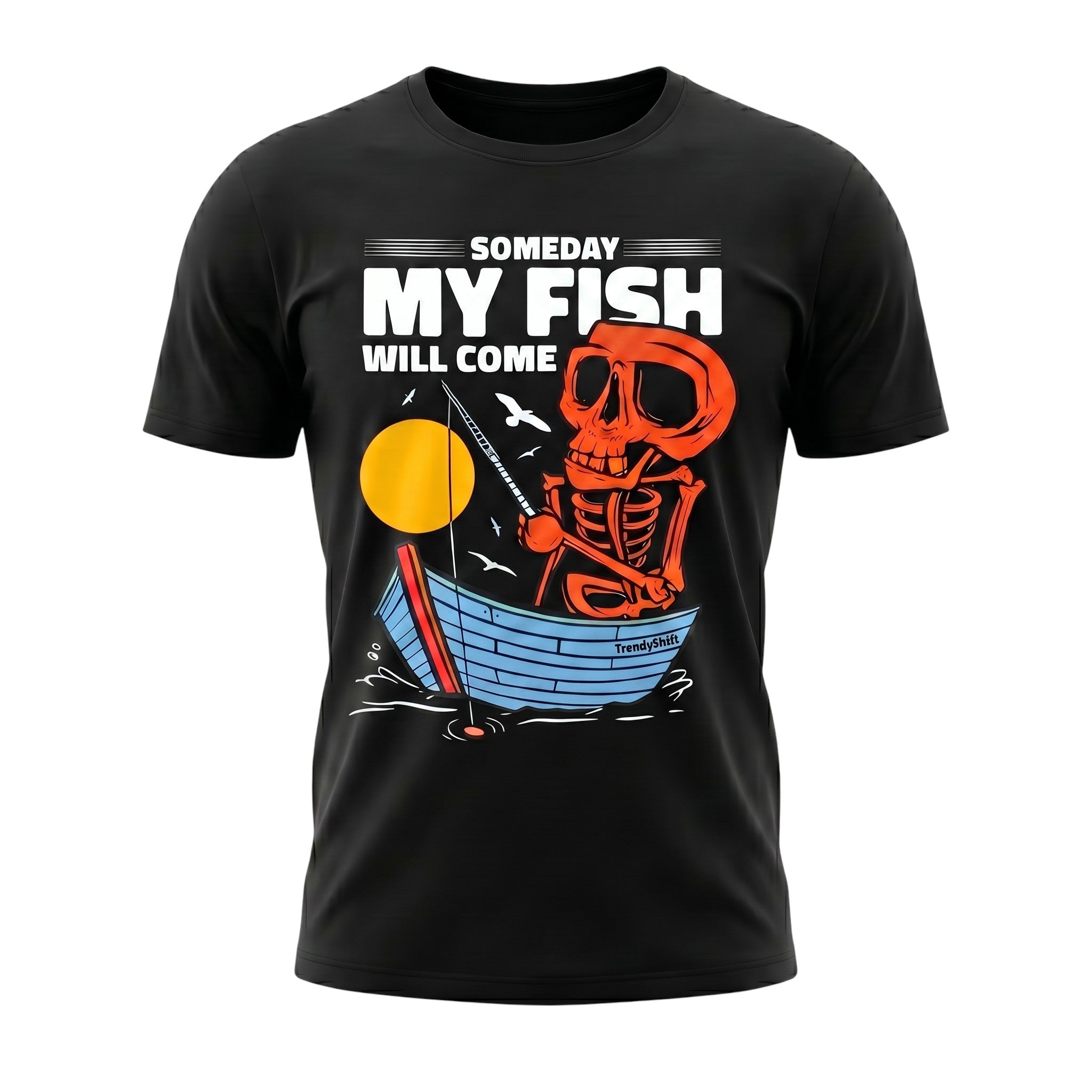 TrendyShift.Com black cotton unisex t-shirt featuring a graphic of an orange skeleton fishing in a blue boat.