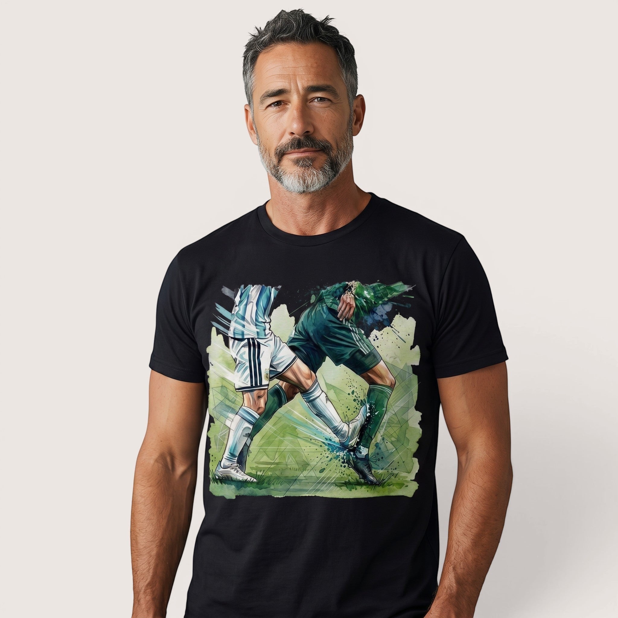 TrendyShift.Com black unisex t-shirt featuring a vibrant watercolor graphic of two soccer players in a duel.