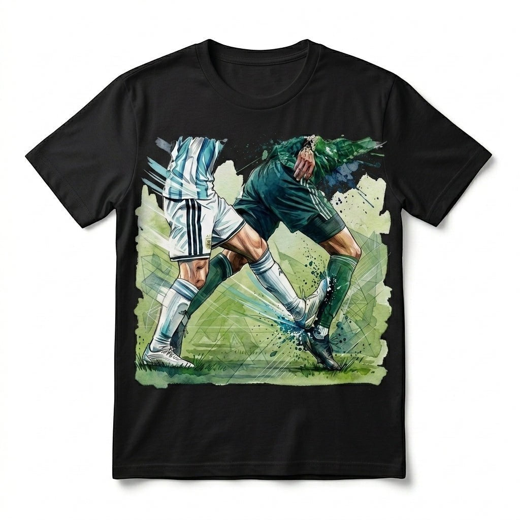 TrendyShift.Com black cotton t-shirt featuring a vibrant watercolor graphic of two soccer players in a duel.