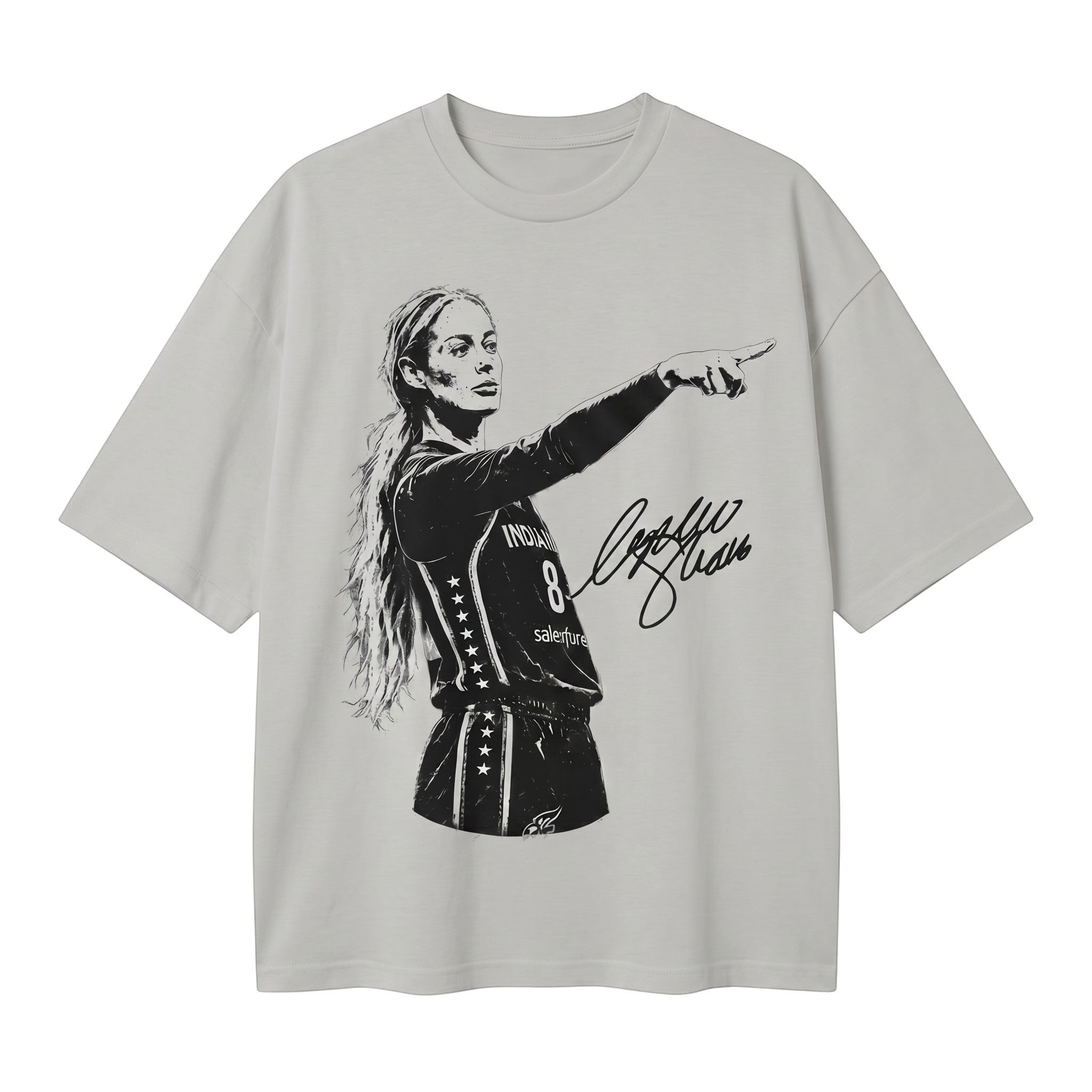 TrendyShift.Com grey oversized cotton t-shirt featuring a black graphic of a basketball player pointing and signature
