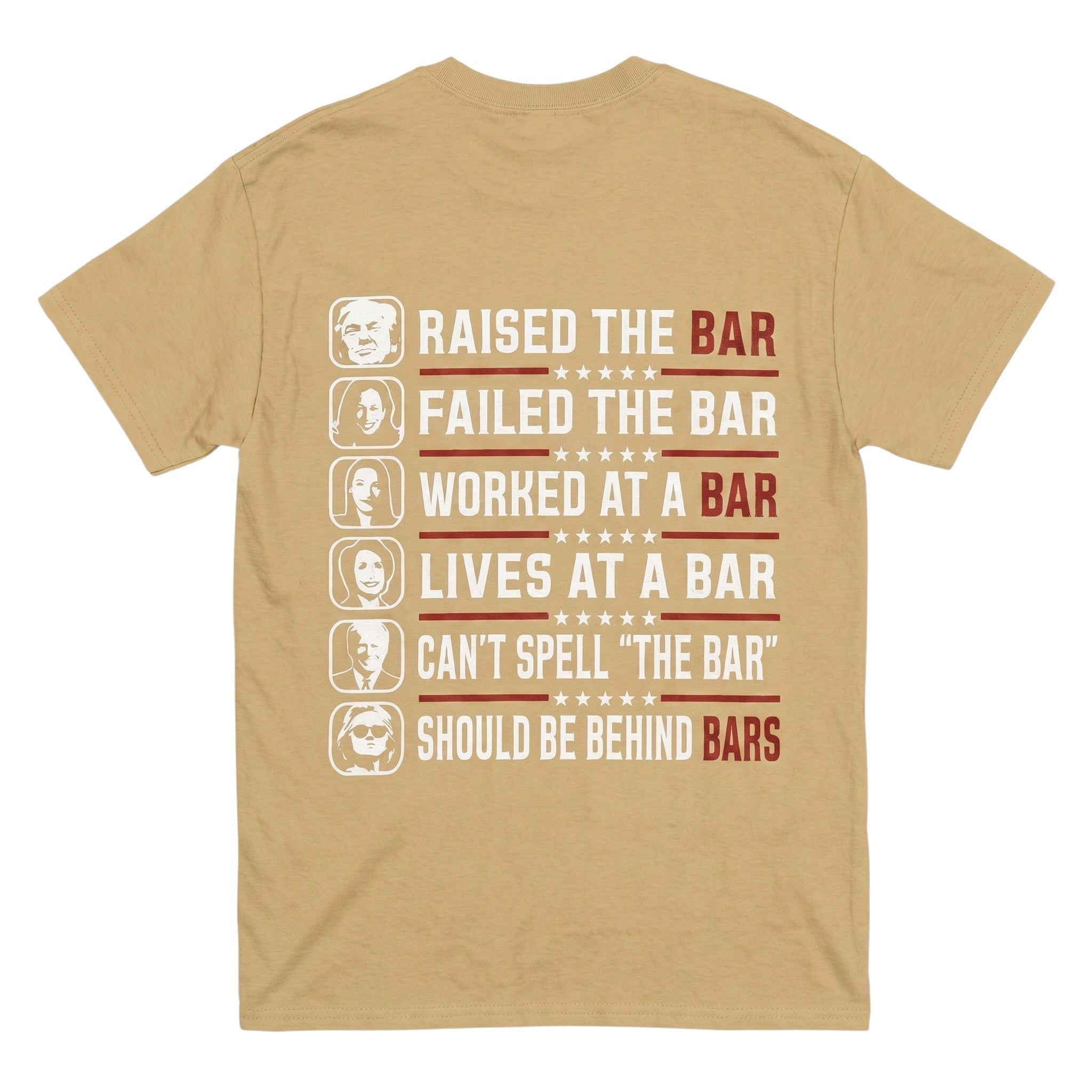 TrendyShift.Com tan 100% cotton t-shirt featuring a funny political graphic print on the back