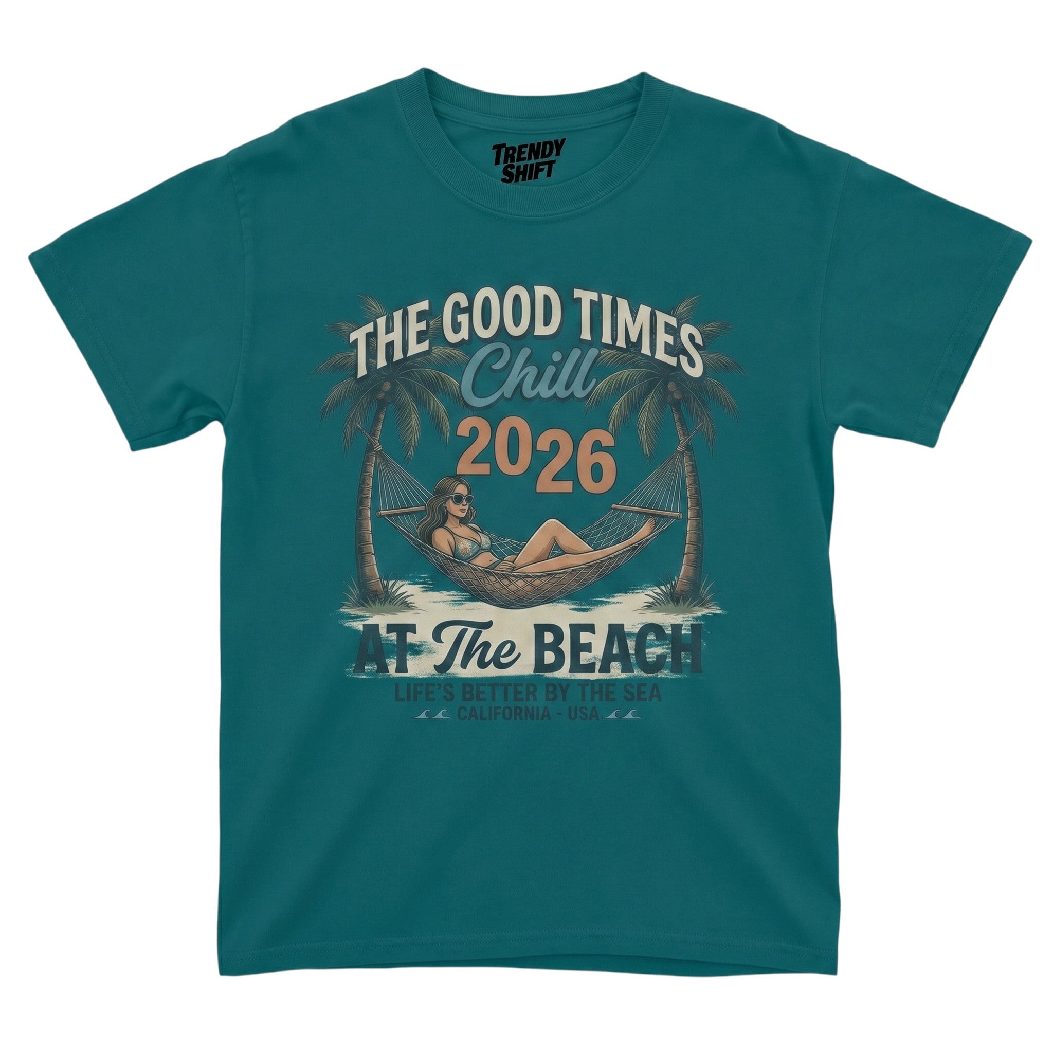 TrendyShift.Com teal graphic t-shirt featuring a retro beach hammock scene with palm trees and summer text.