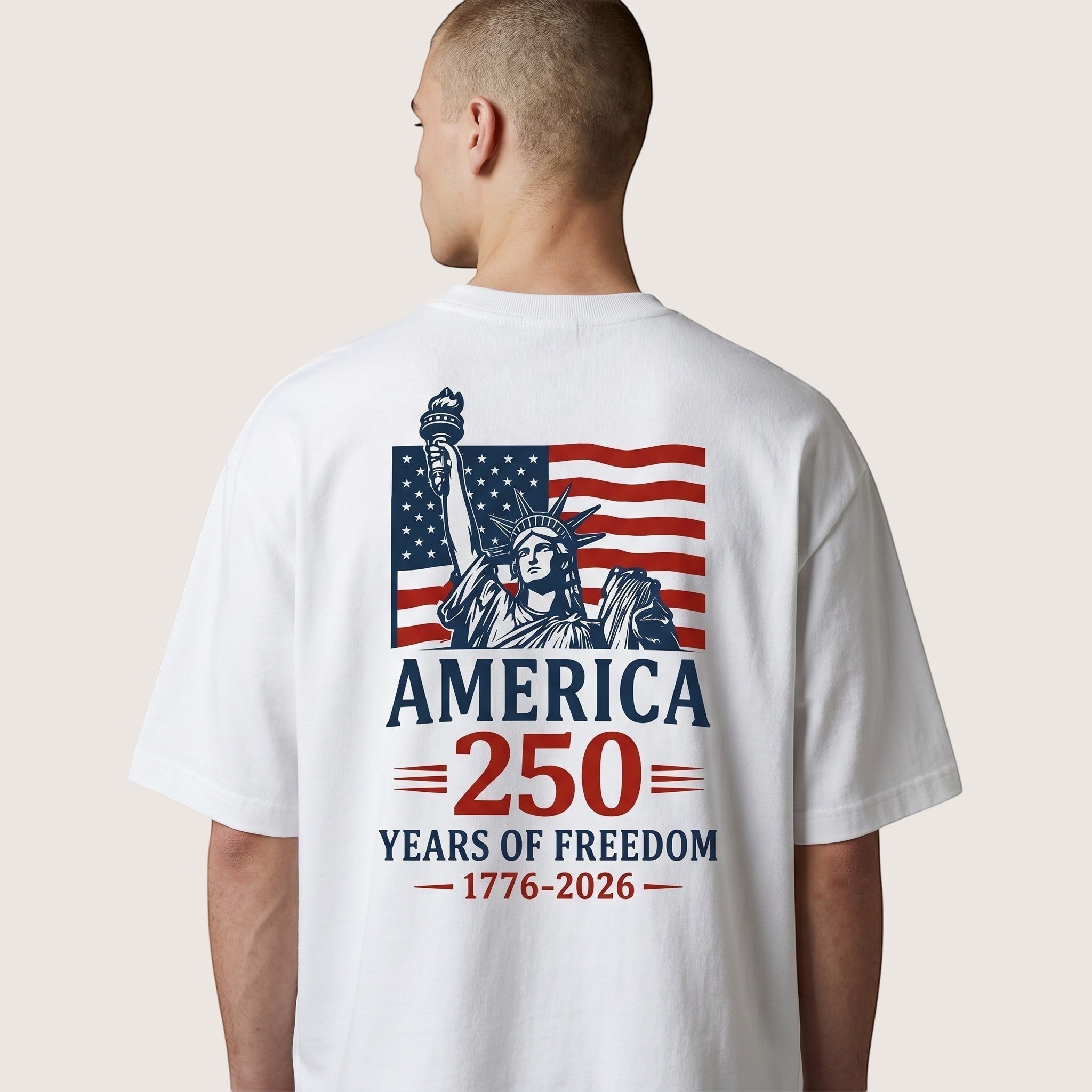 TrendyShift.Com white cotton unisex t-shirt featuring a Statue of Liberty and American flag 250th anniversary graphic