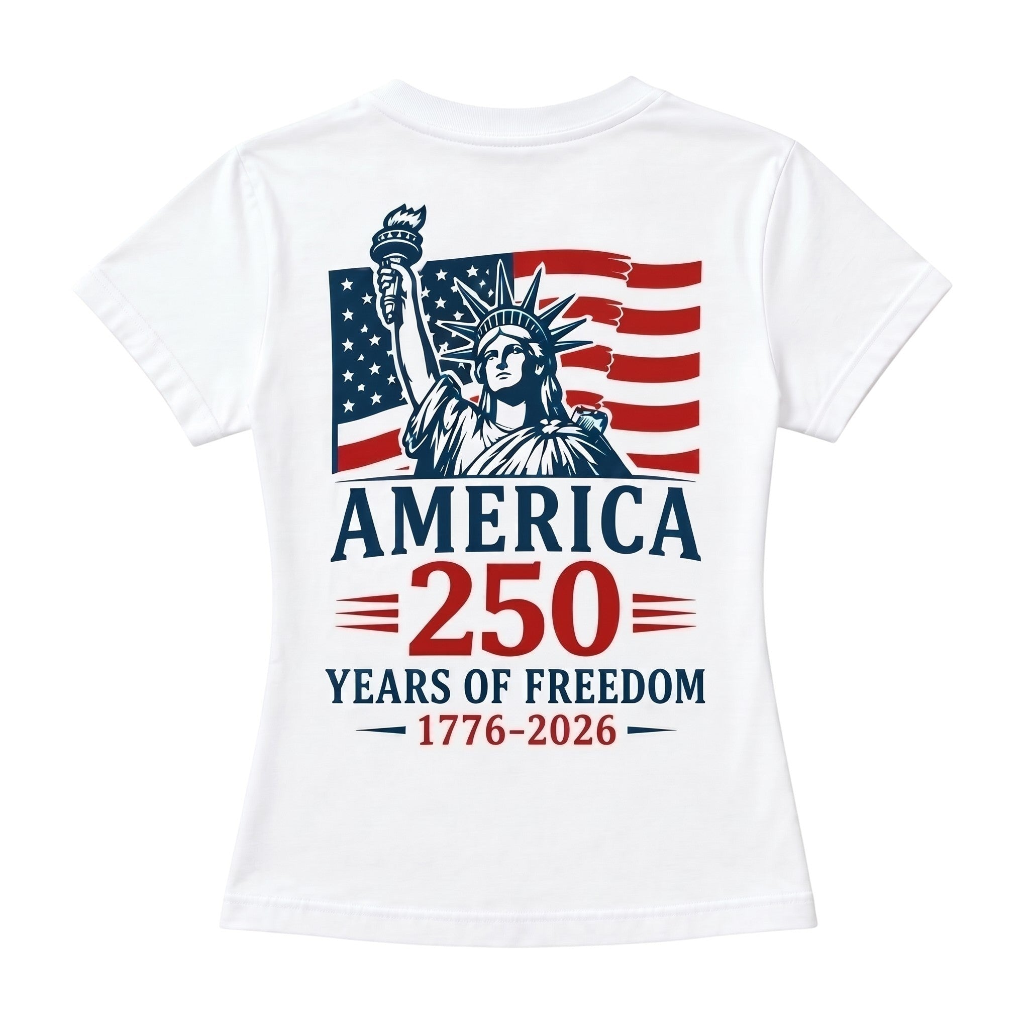 TrendyShift.Com white cotton t-shirt featuring a Statue of Liberty and American flag 250th anniversary graphic.