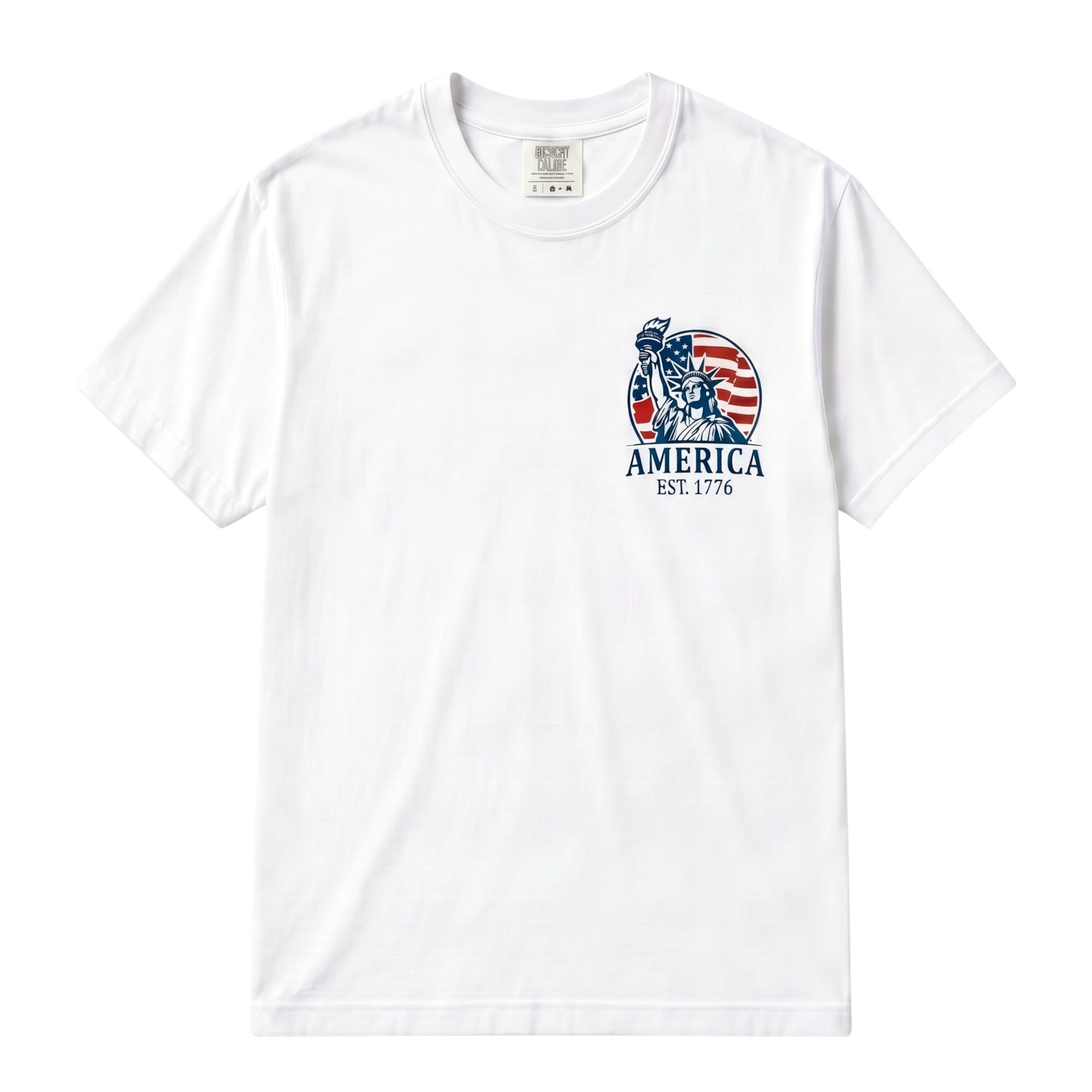 TrendyShift.Com white cotton unisex t-shirt featuring a Statue of Liberty and American flag graphic on the chest.