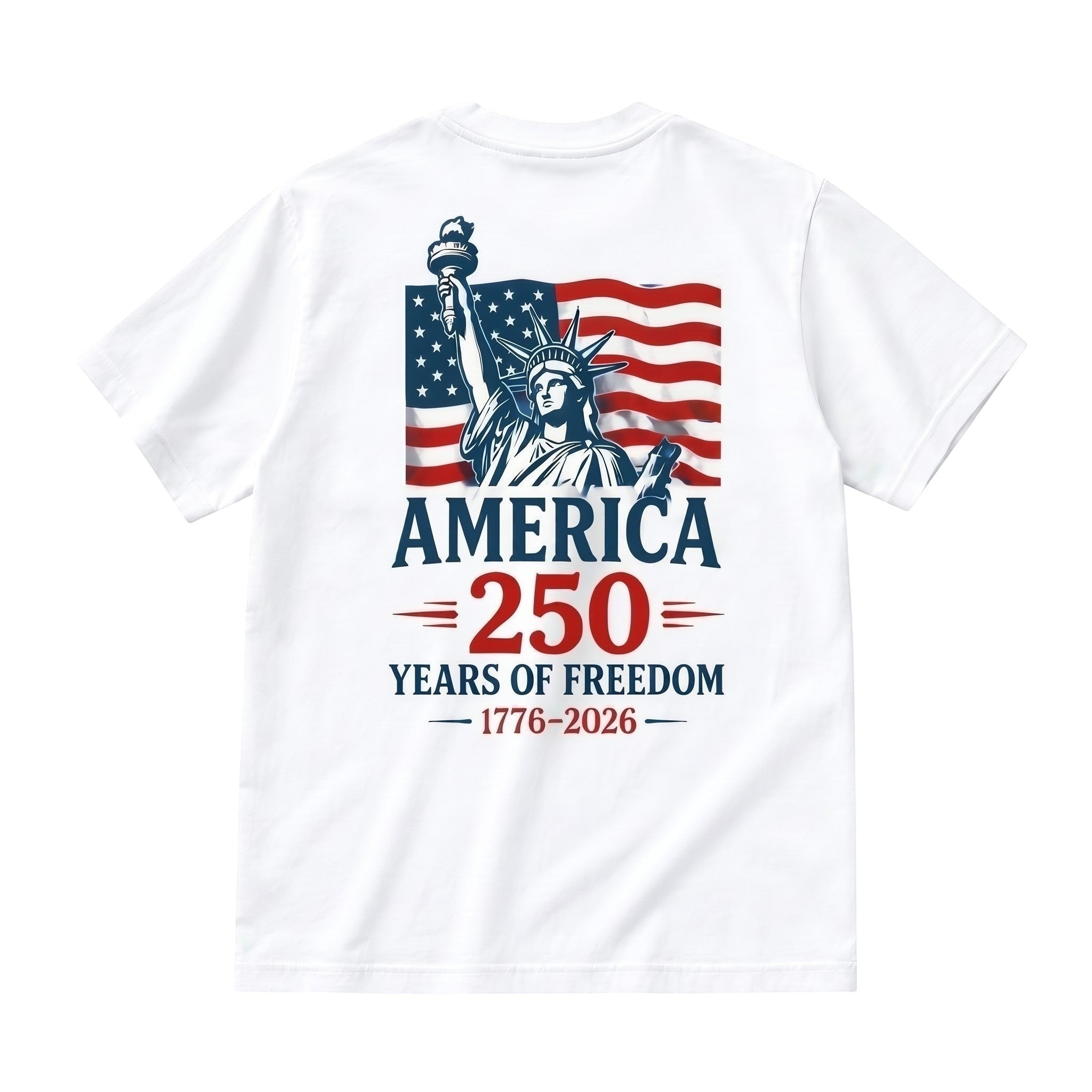 TrendyShift.Com white cotton t-shirt featuring a Statue of Liberty and American flag graphic for 250th anniversary.