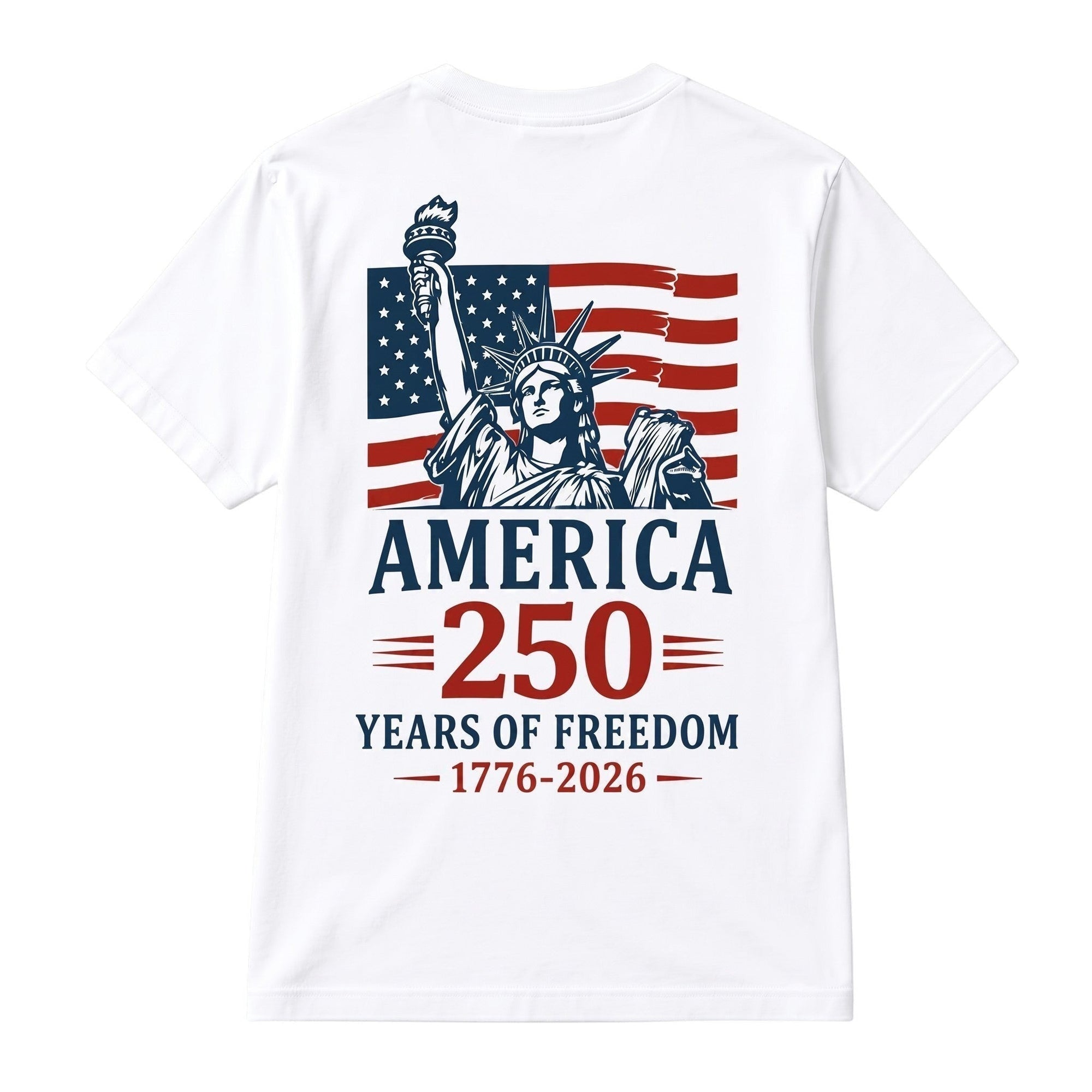 TrendyShift.Com white cotton unisex t-shirt featuring a Statue of Liberty and American flag 250th anniversary graphic