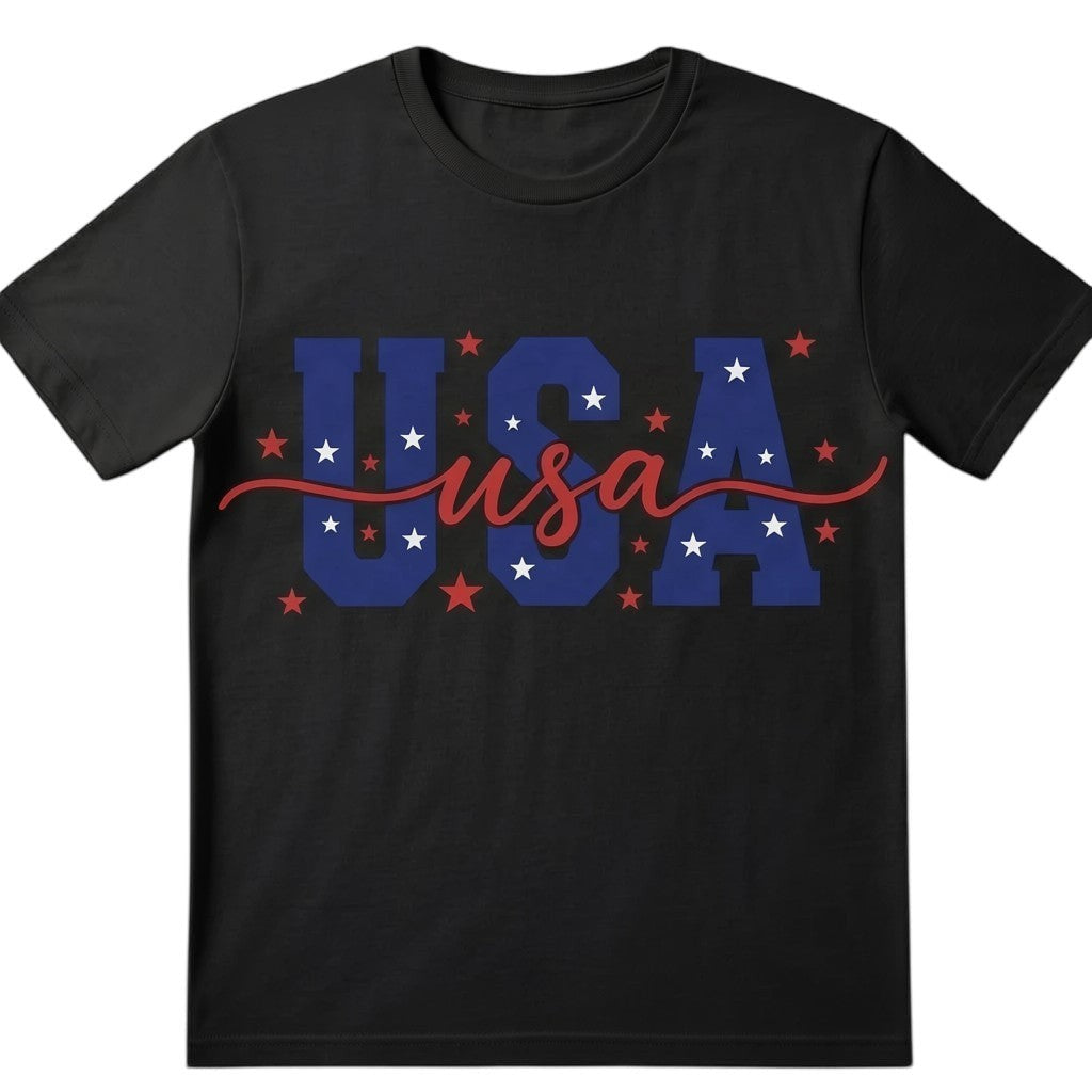 TrendyShift.Com black unisex cotton t-shirt featuring a patriotic USA graphic with red, white, and blue star design.