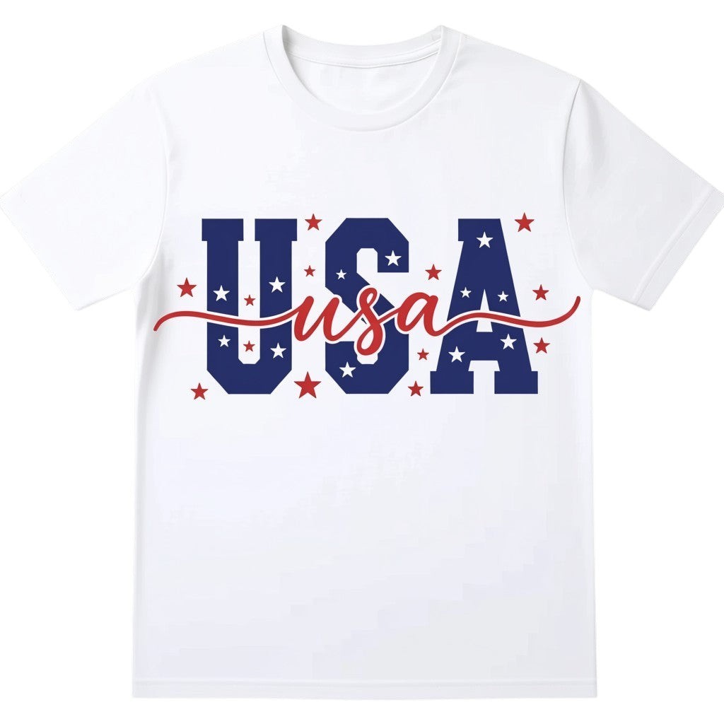 TrendyShift.Com white unisex cotton t-shirt featuring a bold blue USA graphic with red and white patriotic stars.