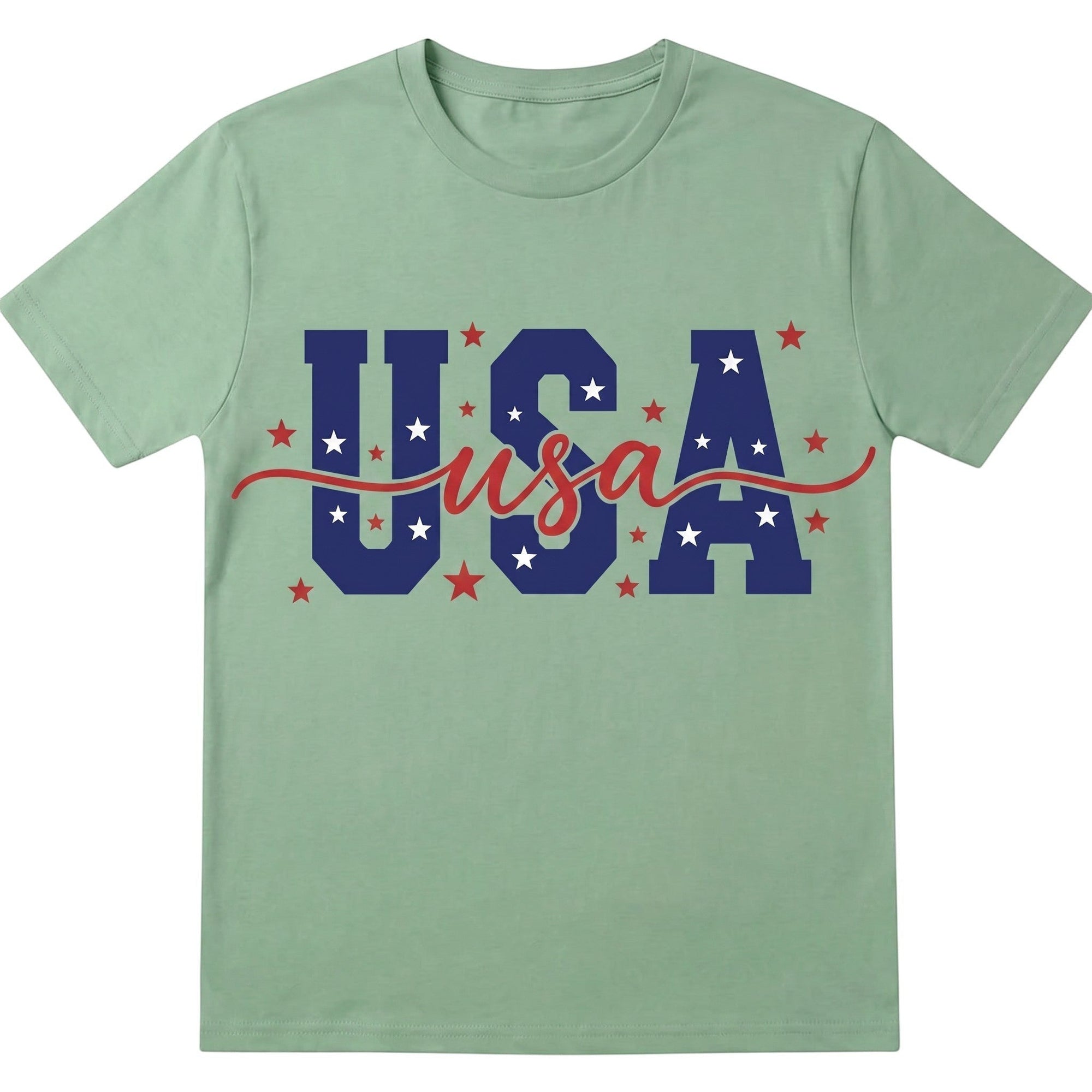 TrendyShift.Com unisex sage green cotton t-shirt featuring a patriotic USA graphic with stars and red script text.