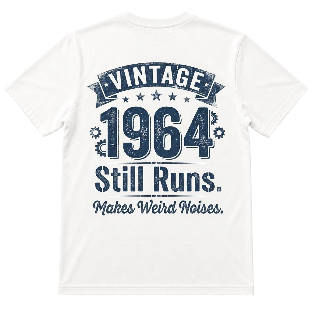 TrendyShift.Com white 100% cotton t-shirt featuring a vintage 1964 Still Runs Makes Weird Noises graphic on the back.