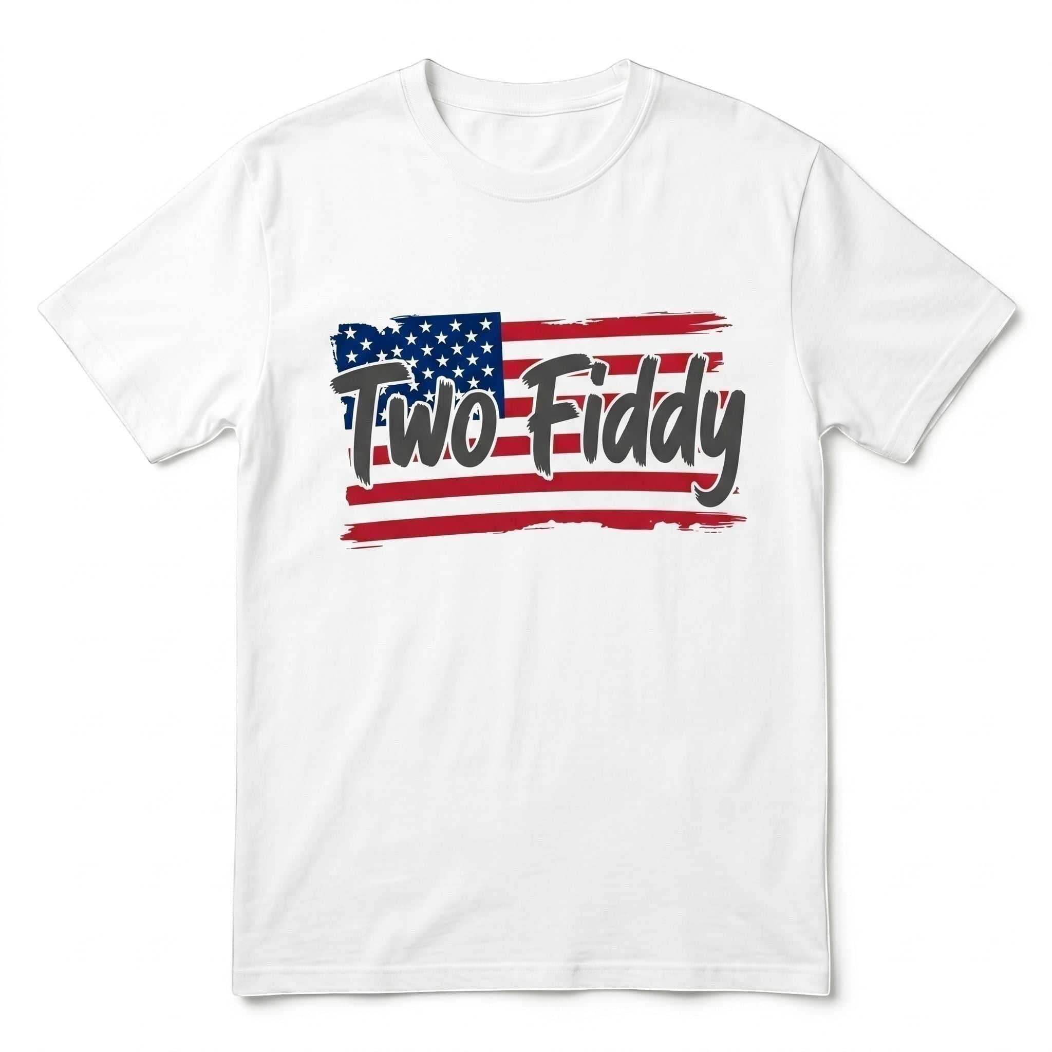 TrendyShift.Com white cotton t-shirt with a distressed American flag graphic and Two Fiddy brushstroke typography.