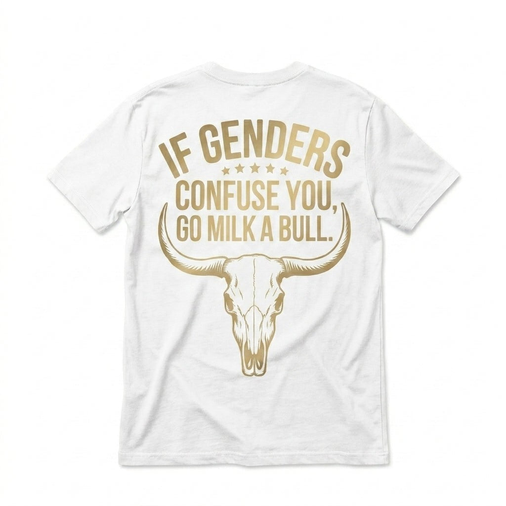TrendyShift.Com white t-shirt featuring a gold bull skull graphic and the text If Genders Confuse You Go Milk A Bull