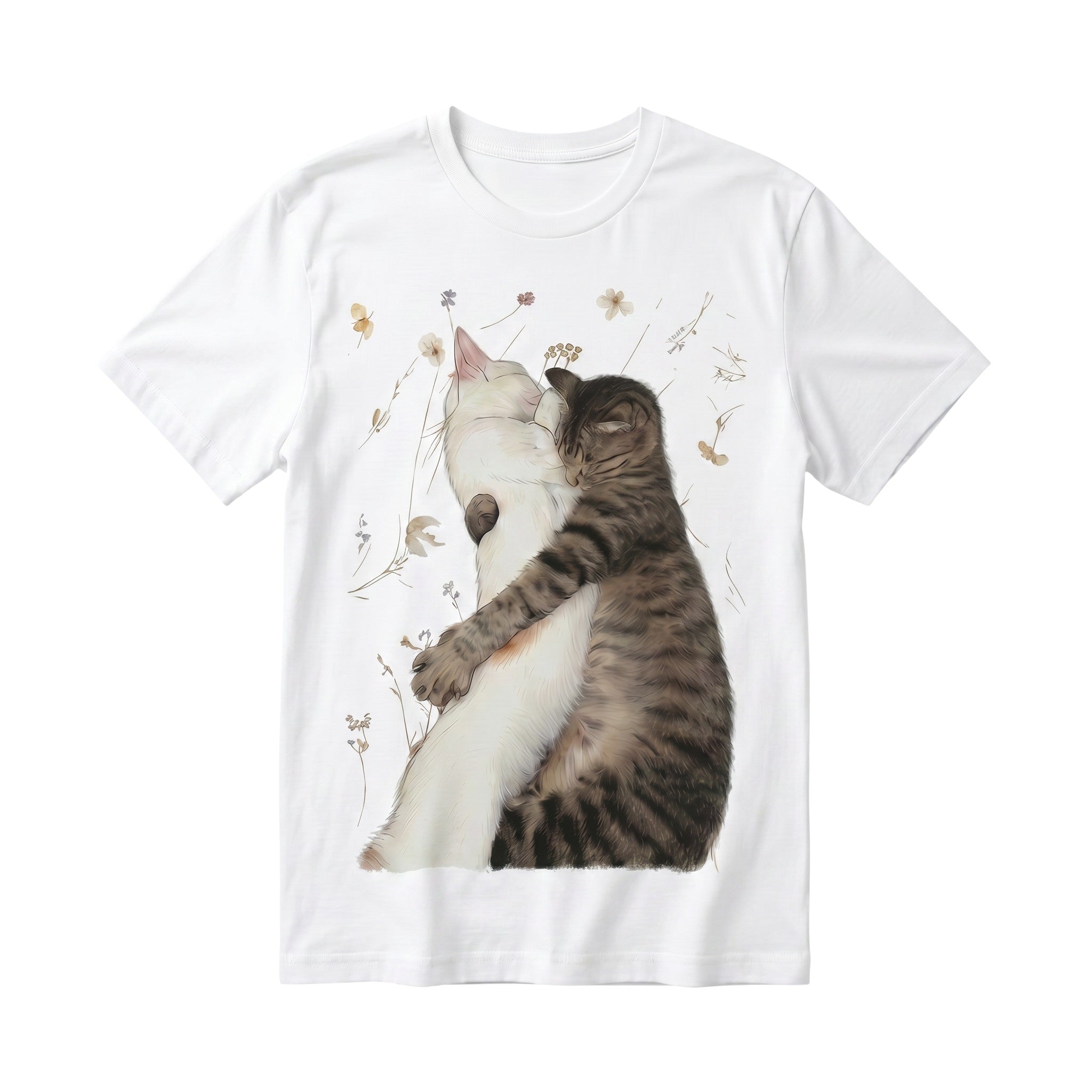 TrendyShift.Com white 100% cotton t-shirt featuring a watercolor illustration of two cats hugging among wildflowers.