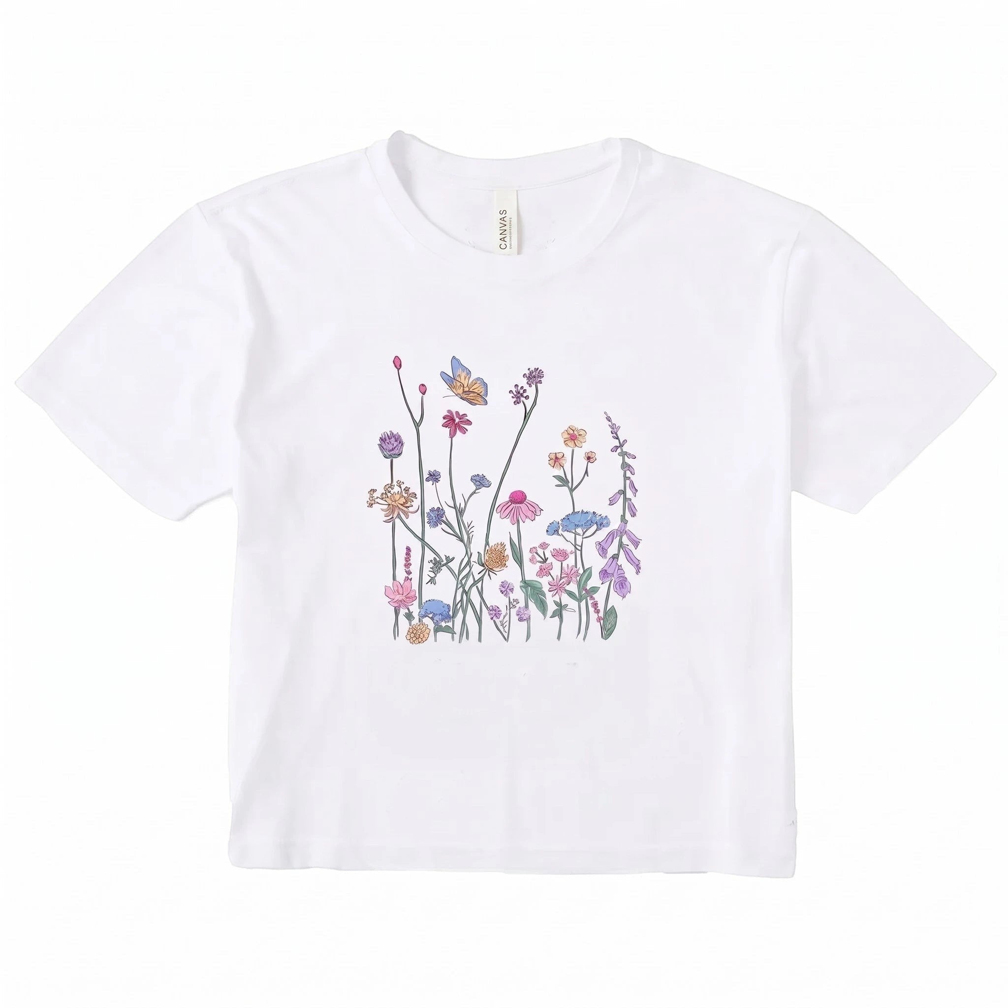 TrendyShift.Com white micro rib t-shirt featuring a colorful wildflower and butterfly botanical illustration