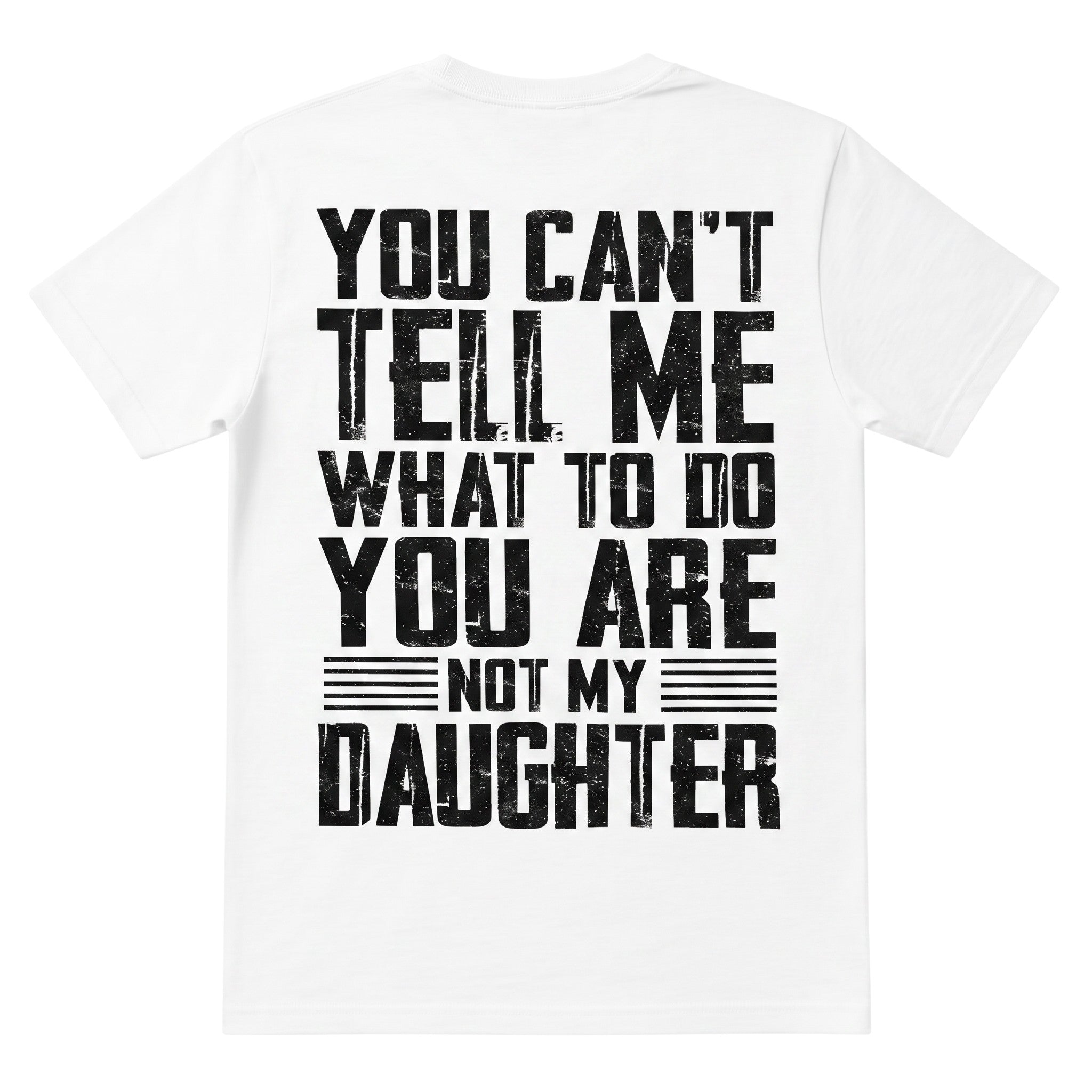 TrendyShift.Com white cotton t-shirt with distressed black typography graphic on the back, featuring a bold quote.