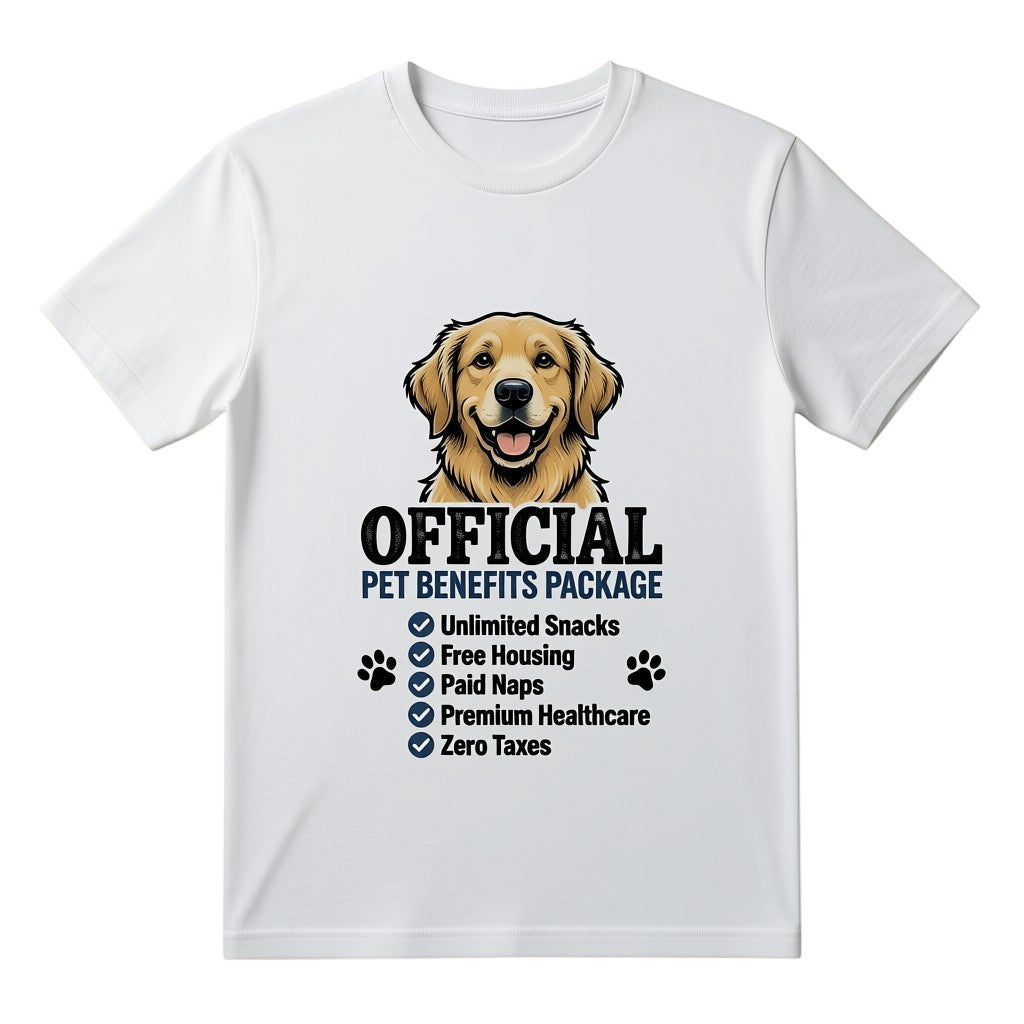 TrendyShift.Com white cotton unisex t-shirt featuring a golden retriever graphic and Official Pet Benefits Package text.