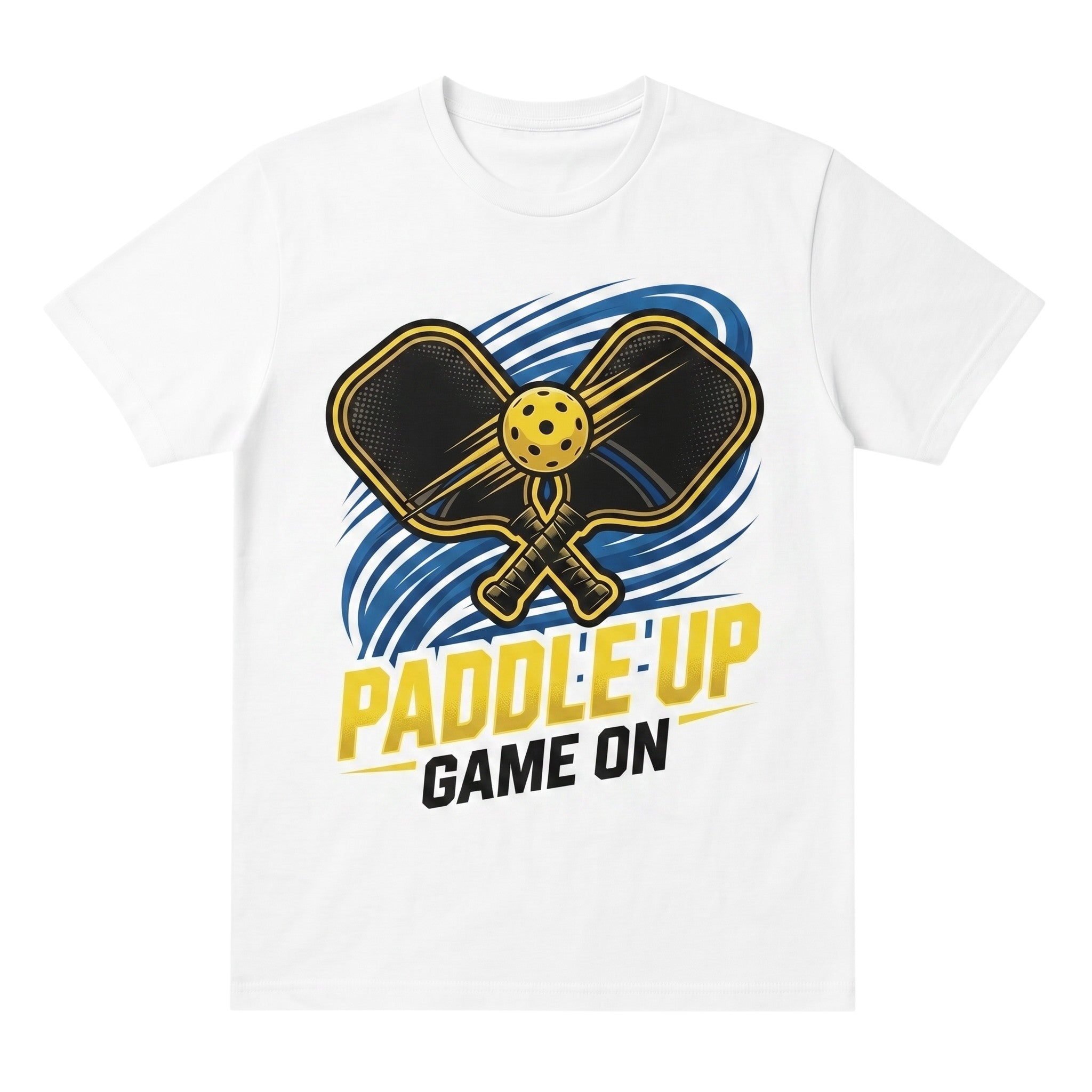TrendyShift.Com white cotton unisex t-shirt featuring a graphic of two pickleball paddles and a ball with text.
