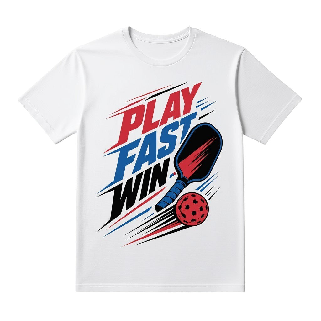 TrendyShift.Com white cotton pickleball t-shirt featuring Play Fast Win graphic with paddle and ball in red and blue.