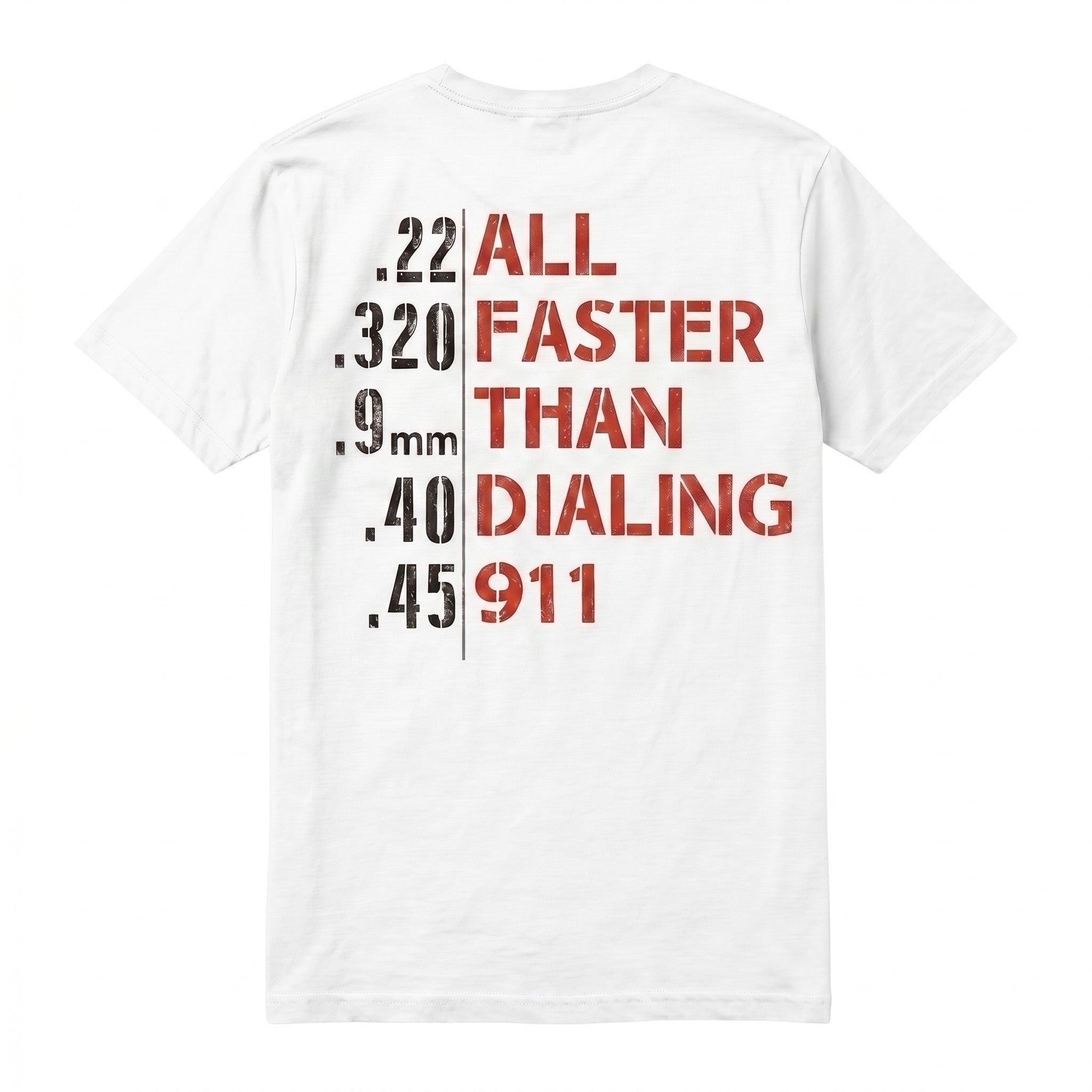 TrendyShift.Com white cotton unisex t-shirt featuring a distressed red tactical graphic with handgun caliber text.