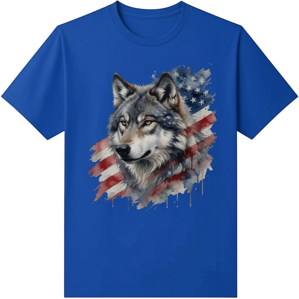 TrendyShift.Com blue t-shirt featuring a watercolor wolf and American flag graphic print.