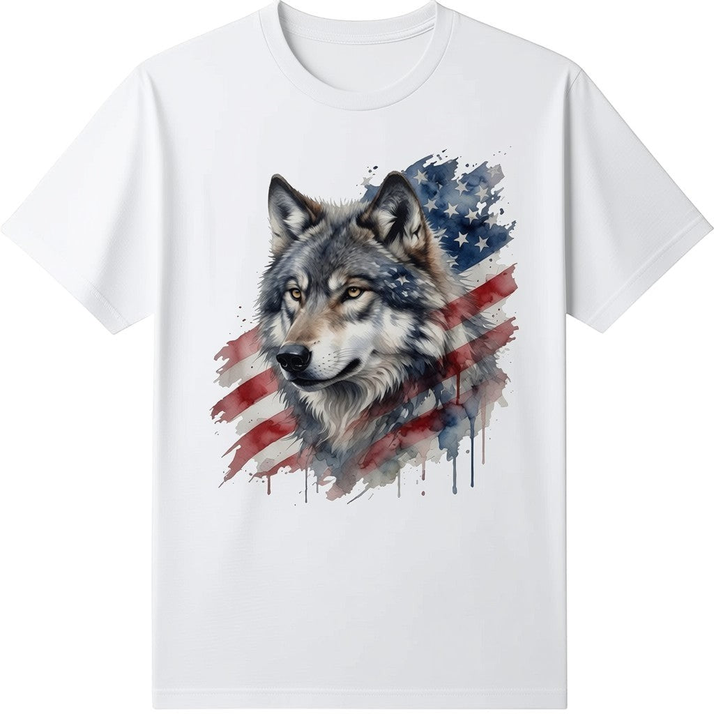 TrendyShift.Com white t-shirt featuring a watercolor wolf graphic overlaid on a patriotic American flag design.