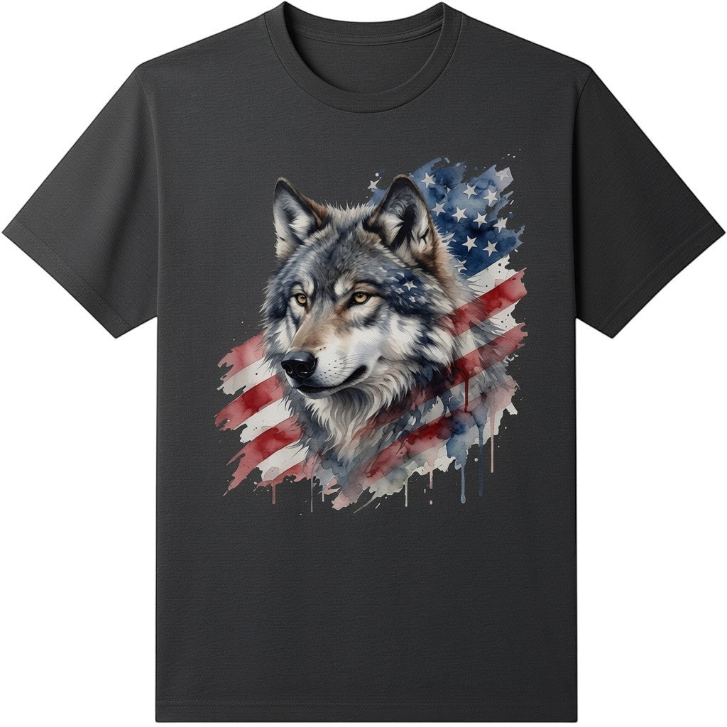 TrendyShift.Com black t-shirt featuring a watercolor wolf graphic merged with an American flag design.