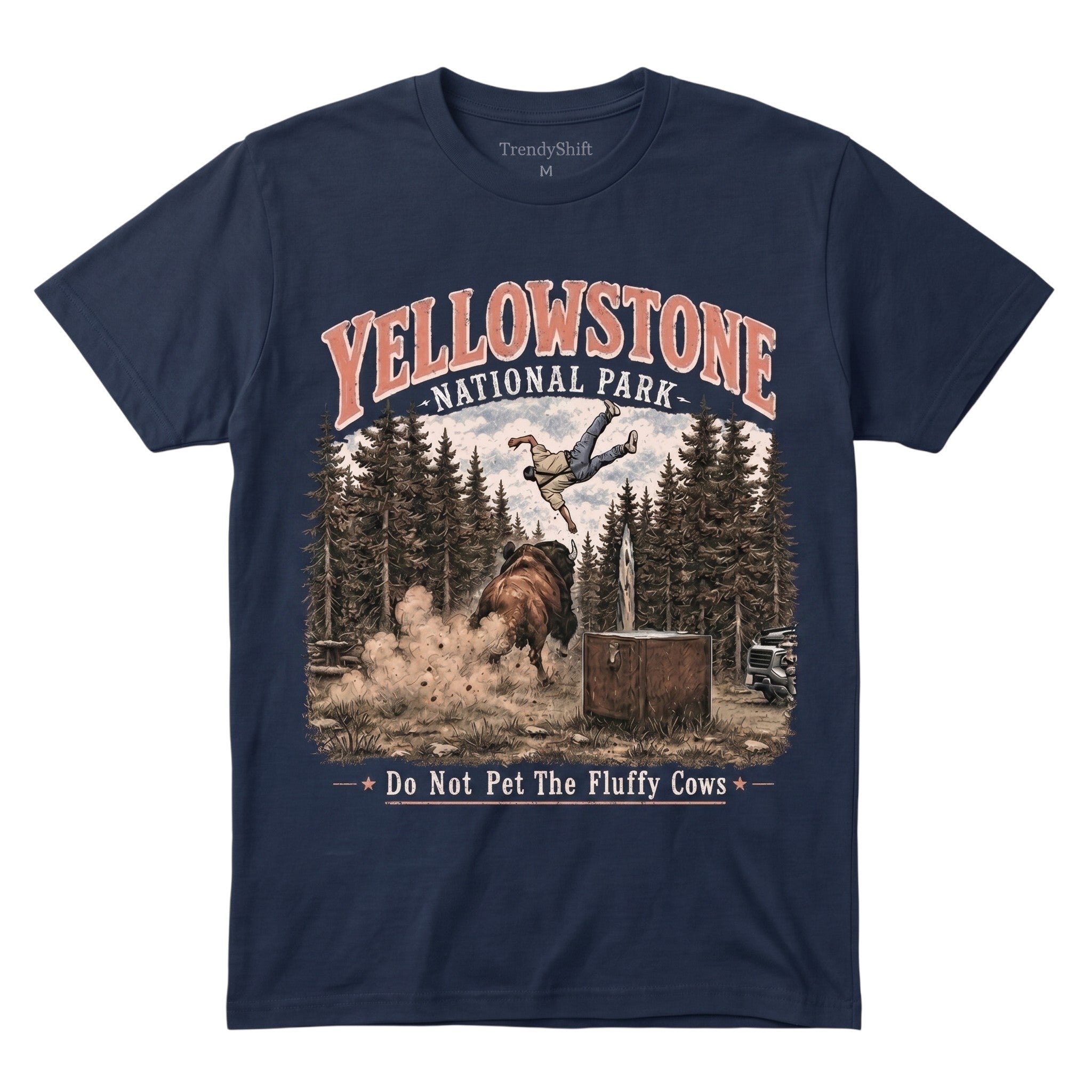 TrendyShift.Com navy blue 100% cotton t-shirt featuring a Yellowstone National Park graphic with a bison illustration