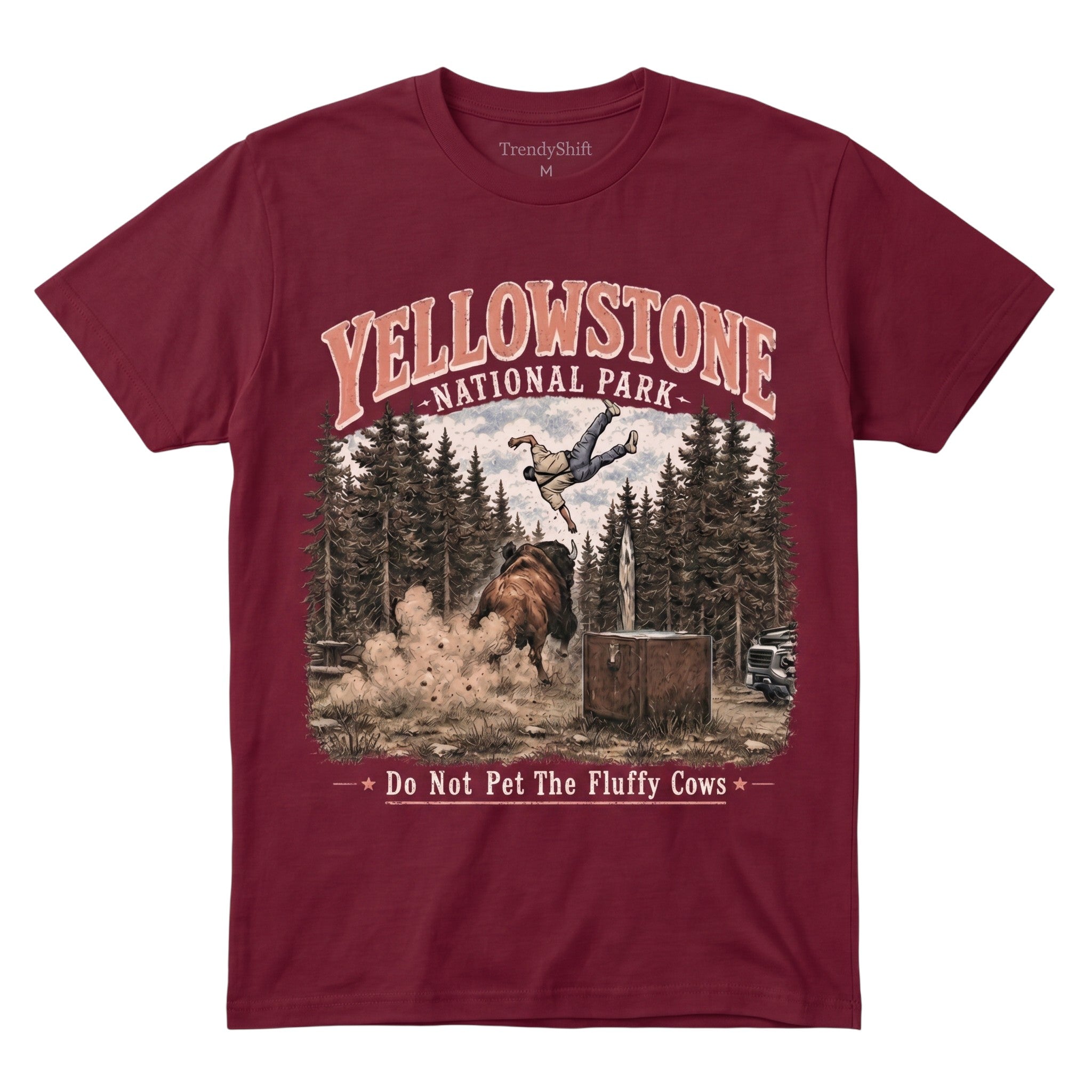 TrendyShift.Com maroon 100% cotton Yellowstone National Park graphic tee featuring a humorous bison encounter print.