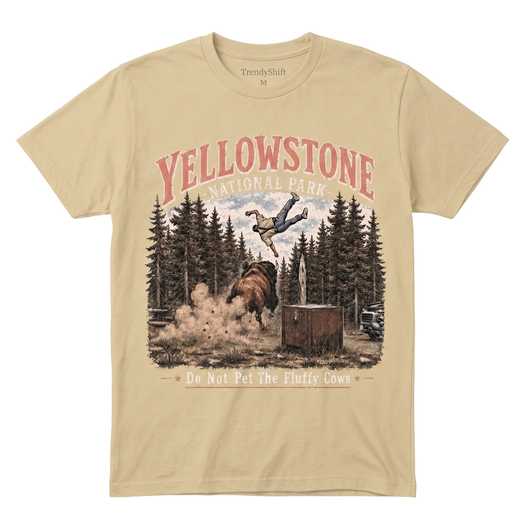 TrendyShift.Com beige 100% cotton Yellowstone National Park graphic t-shirt with bison and forest print.