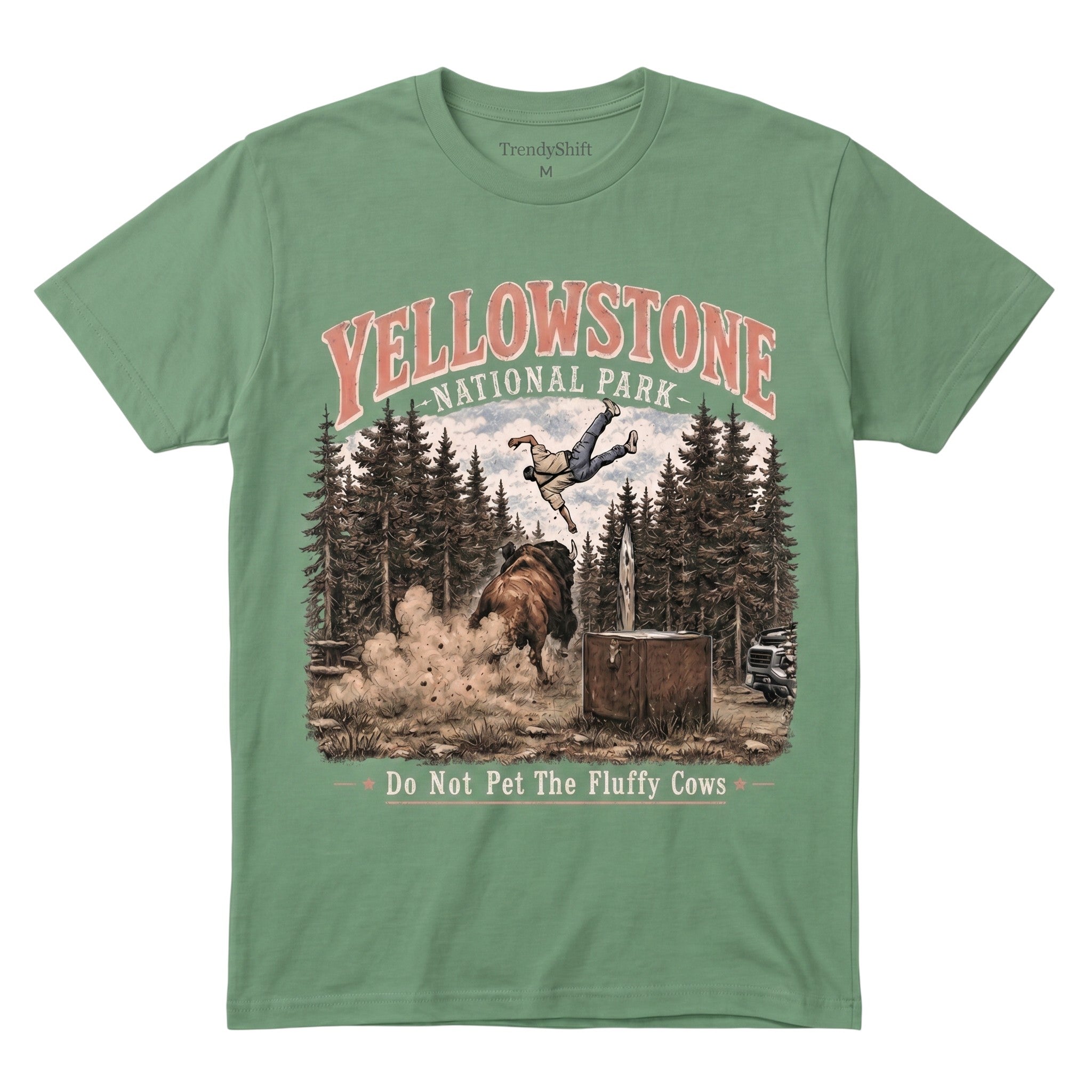 TrendyShift.Com sage green 100% cotton Yellowstone National Park graphic t-shirt with bison and hiker illustration.
