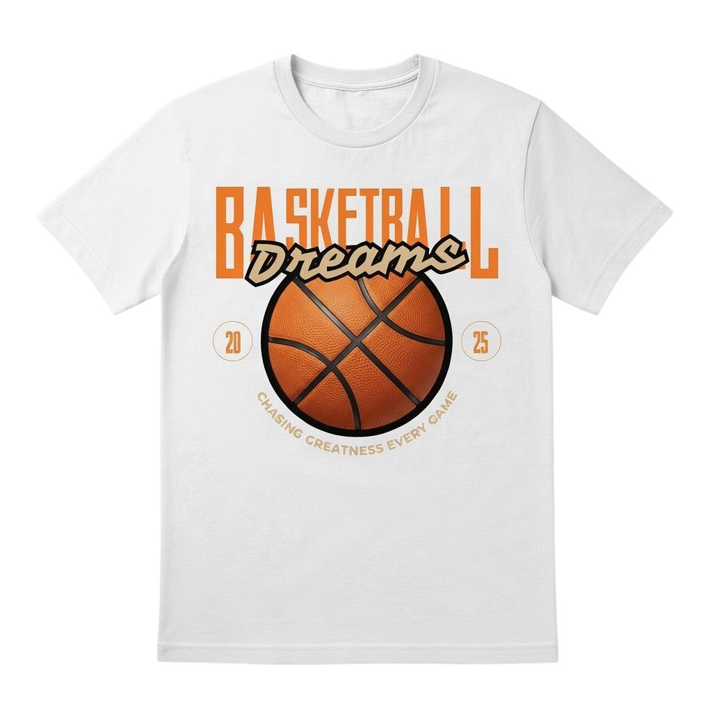 WearTheJoke.com white cotton t-shirt with orange basketball graphic and Chasing Greatness Every Game text