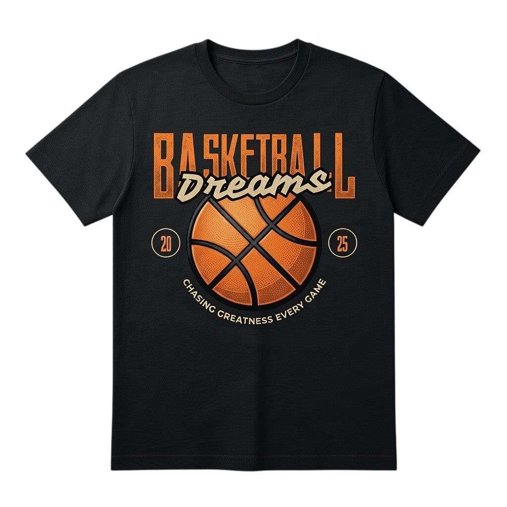 WearTheJoke.com black cotton t-shirt with Basketball Dreams Chasing Greatness Every Game graphic print