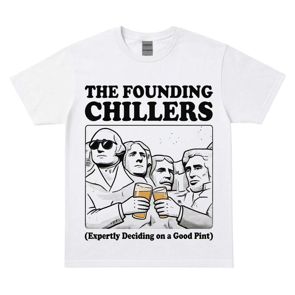 WearTheJoke.com white heavy cotton t-shirt featuring a graphic of US presidents toasting with beer pints.