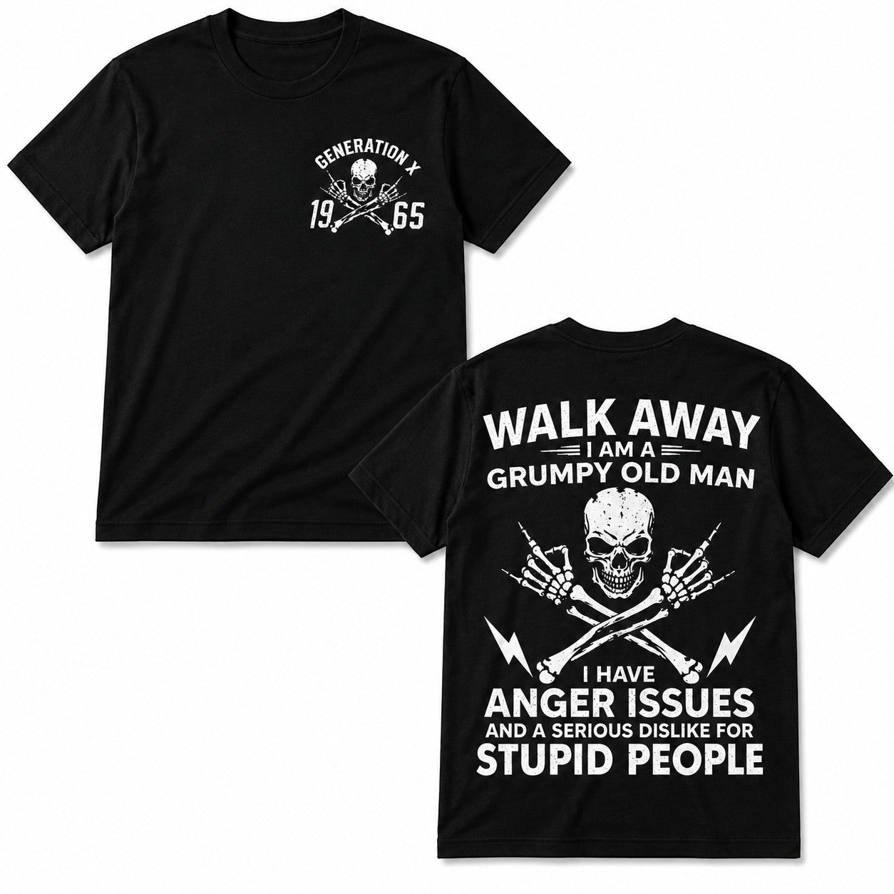 WearTheJoke.com black cotton t-shirt with Generation X 1965 skull graphic on front and grumpy old man text on back